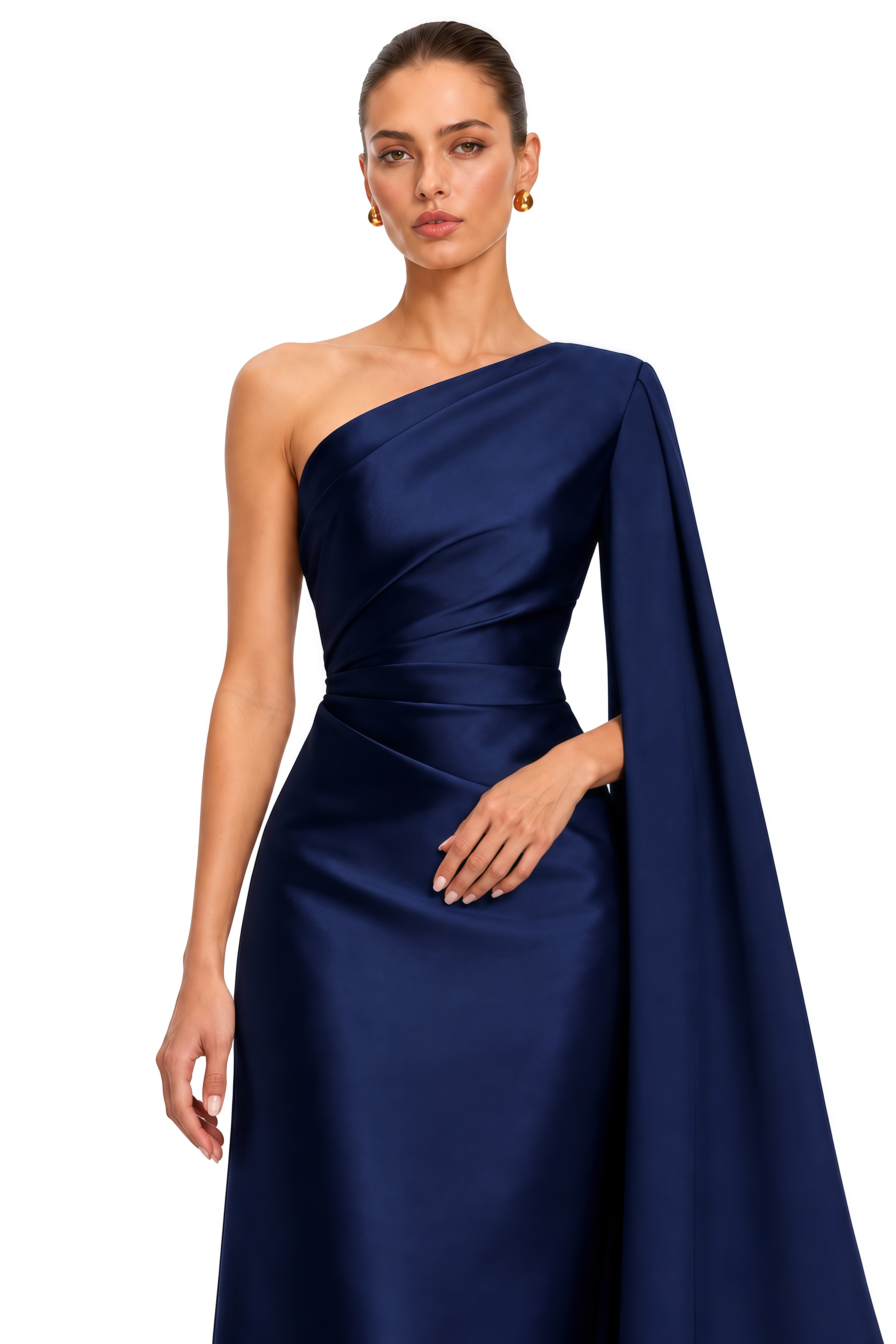 Vivienne Navy Blue One Shoulder Draped Satin Maxi Dress