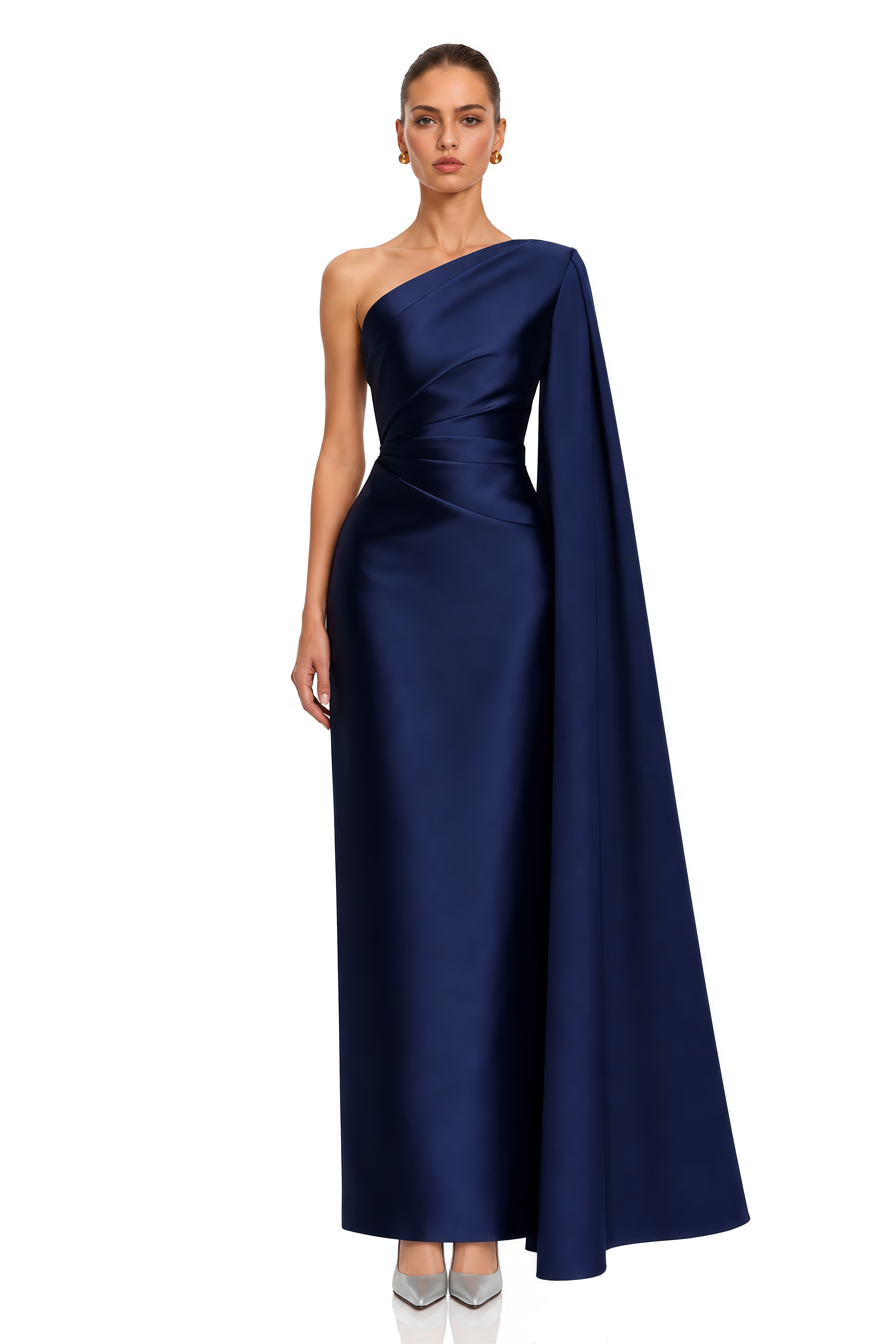Vivienne Navy Blue One Shoulder Draped Satin Maxi Dress