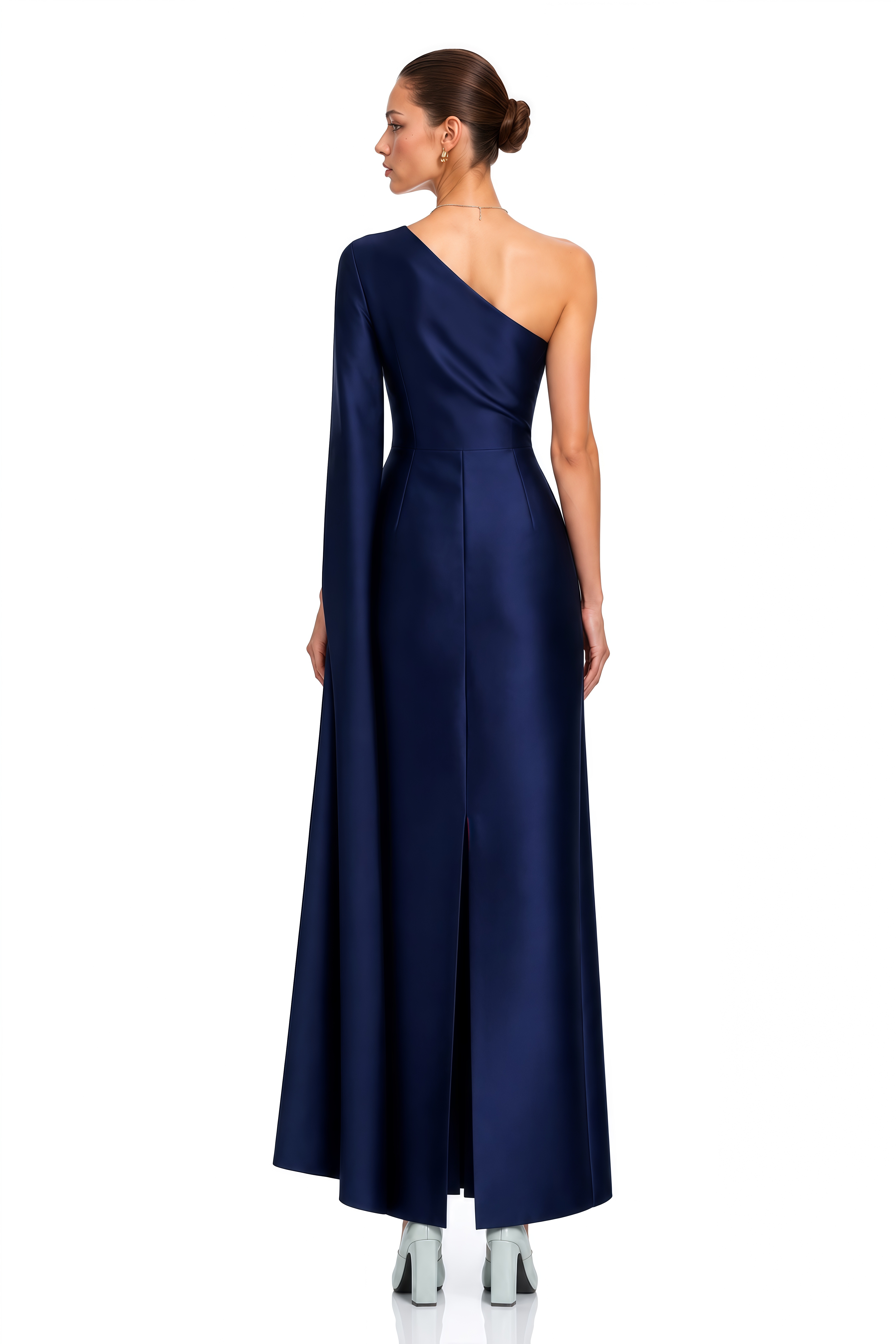 Vivienne Navy Blue One Shoulder Draped Satin Maxi Dress