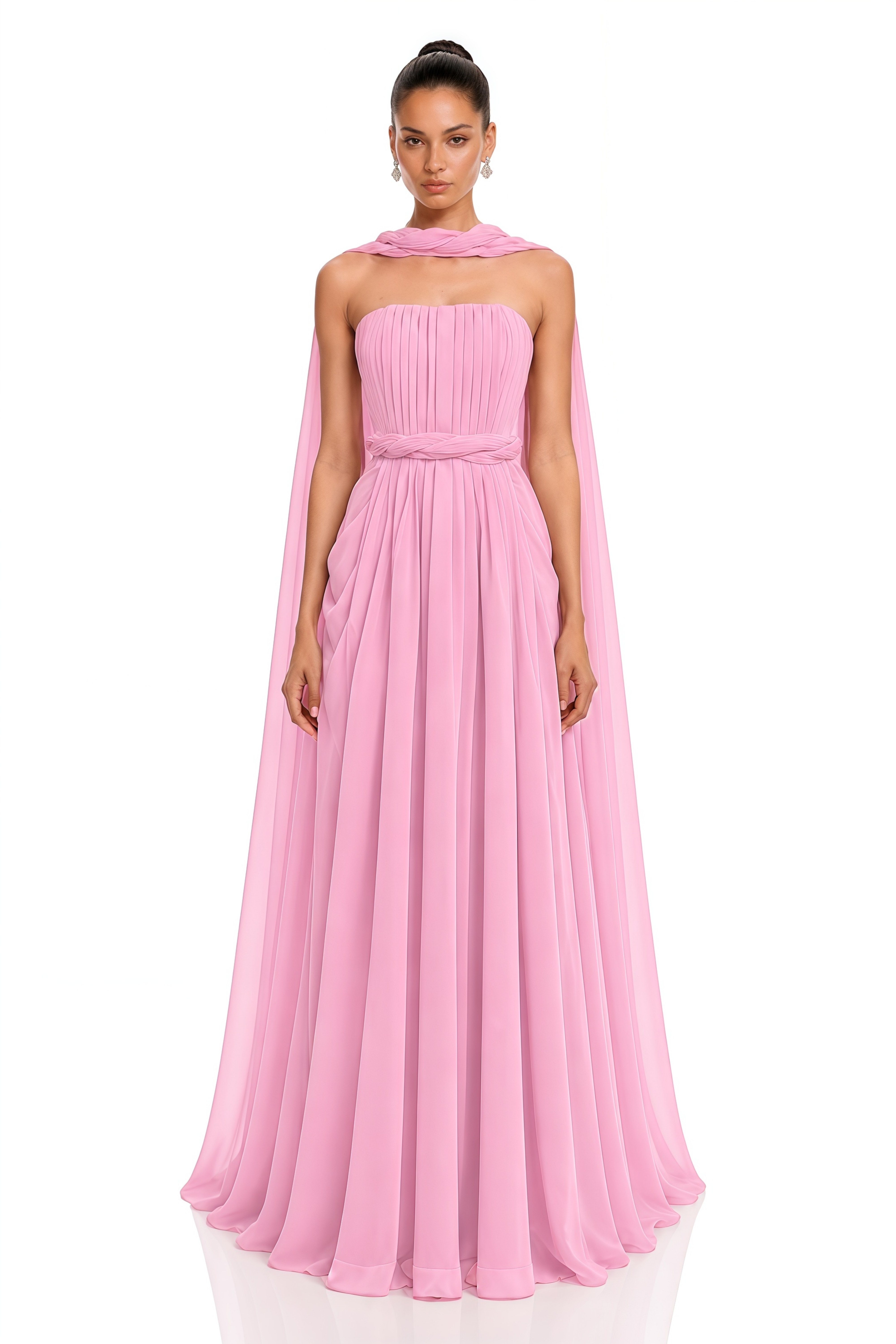 Vivienne Pink Strapless Pleated Chiffon Maxi Dress with Scarf