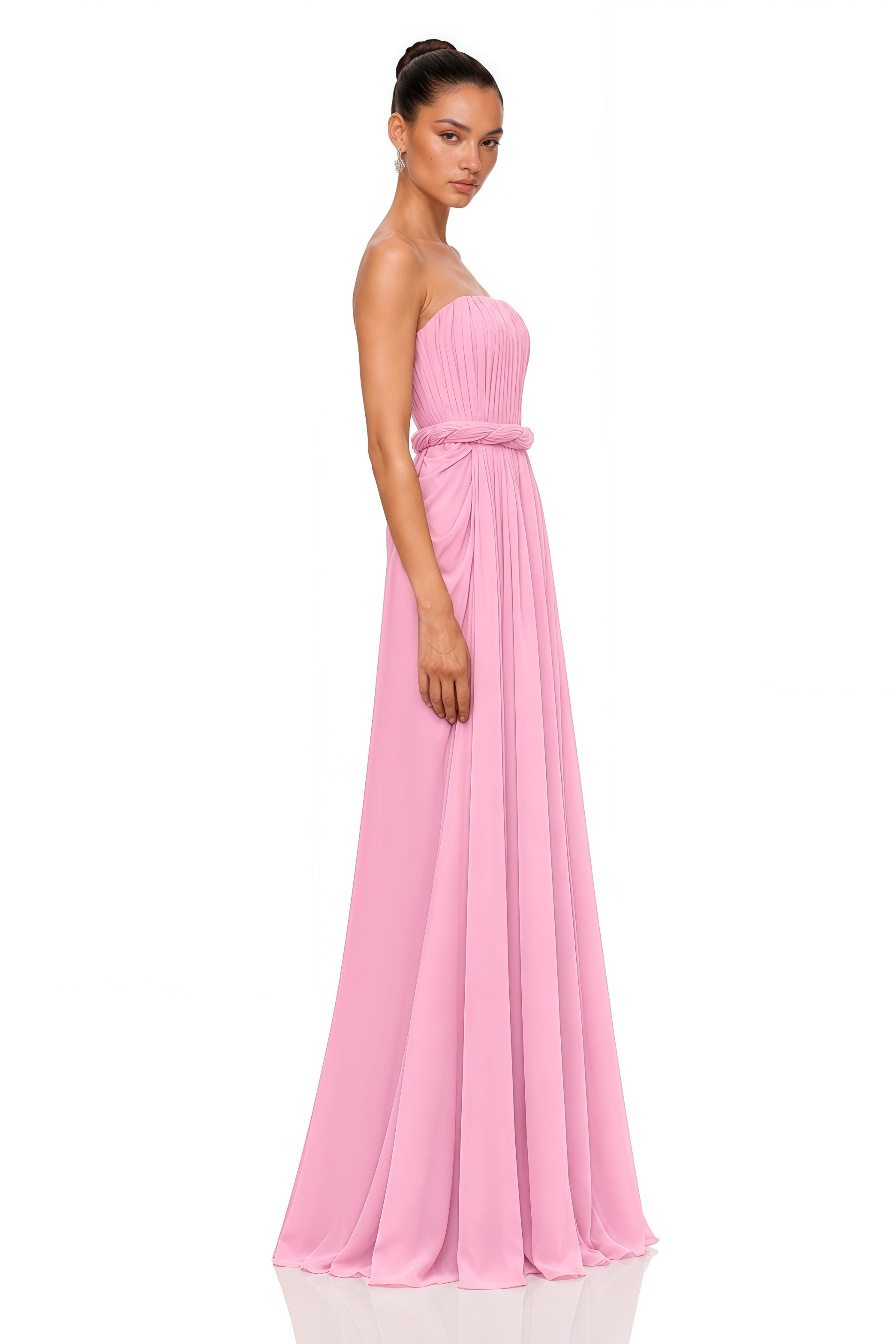 Vivienne Pink Strapless Pleated Chiffon Maxi Dress with Scarf