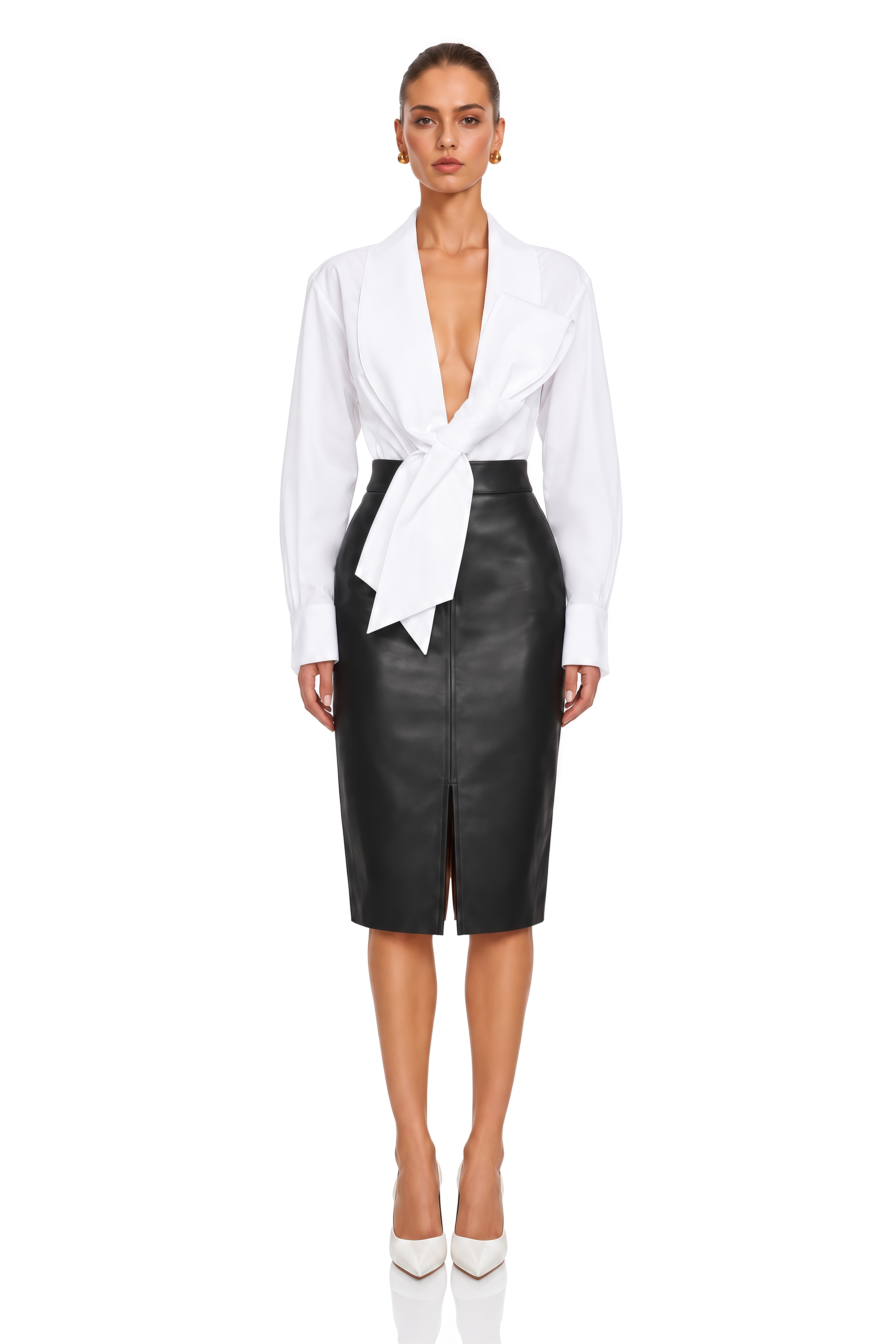 Vivienne White Tie Front Blouse & Black Midi Skirt Set