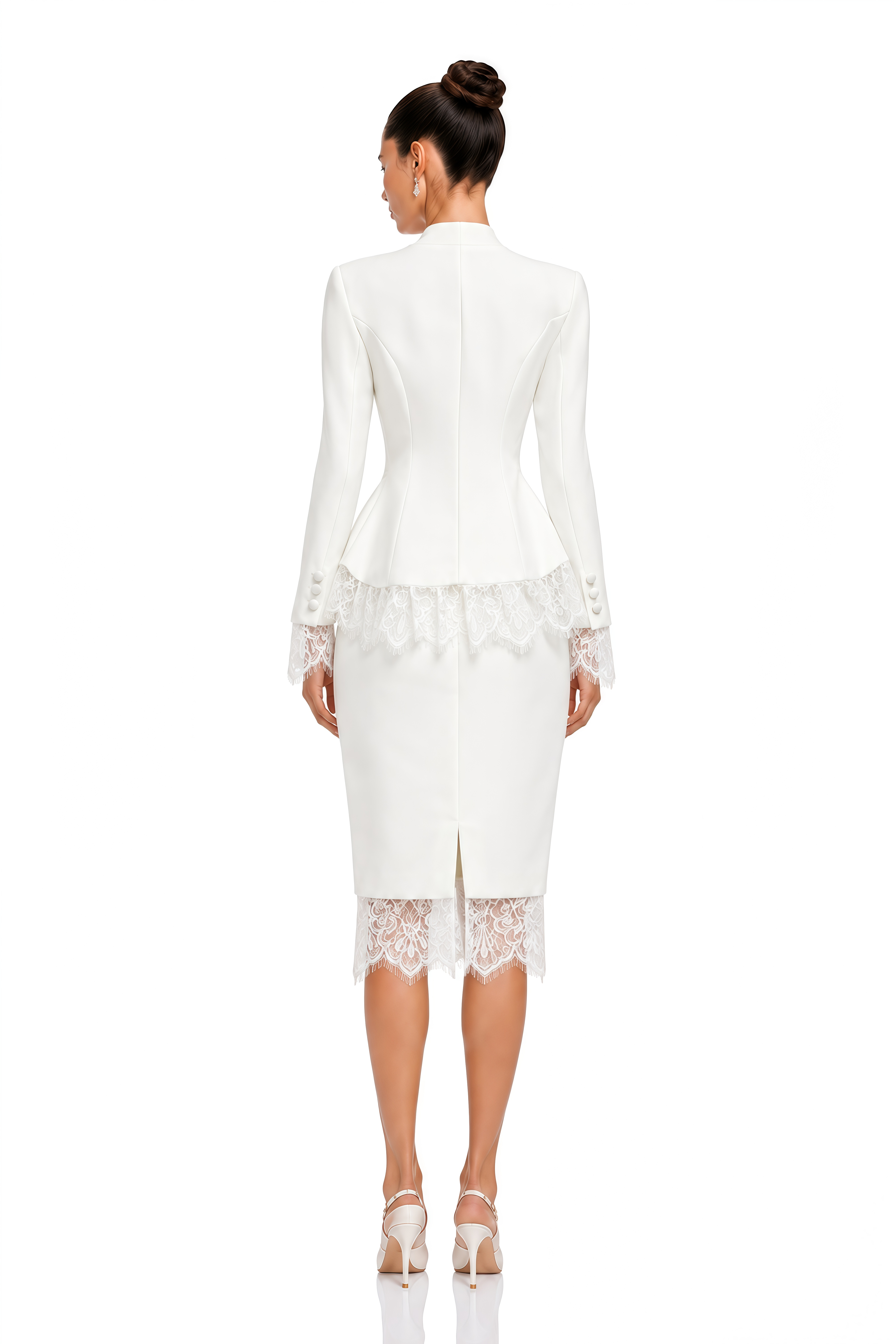 Viyana White V-Neck Lace Trim Blazer & Midi Skirt Set