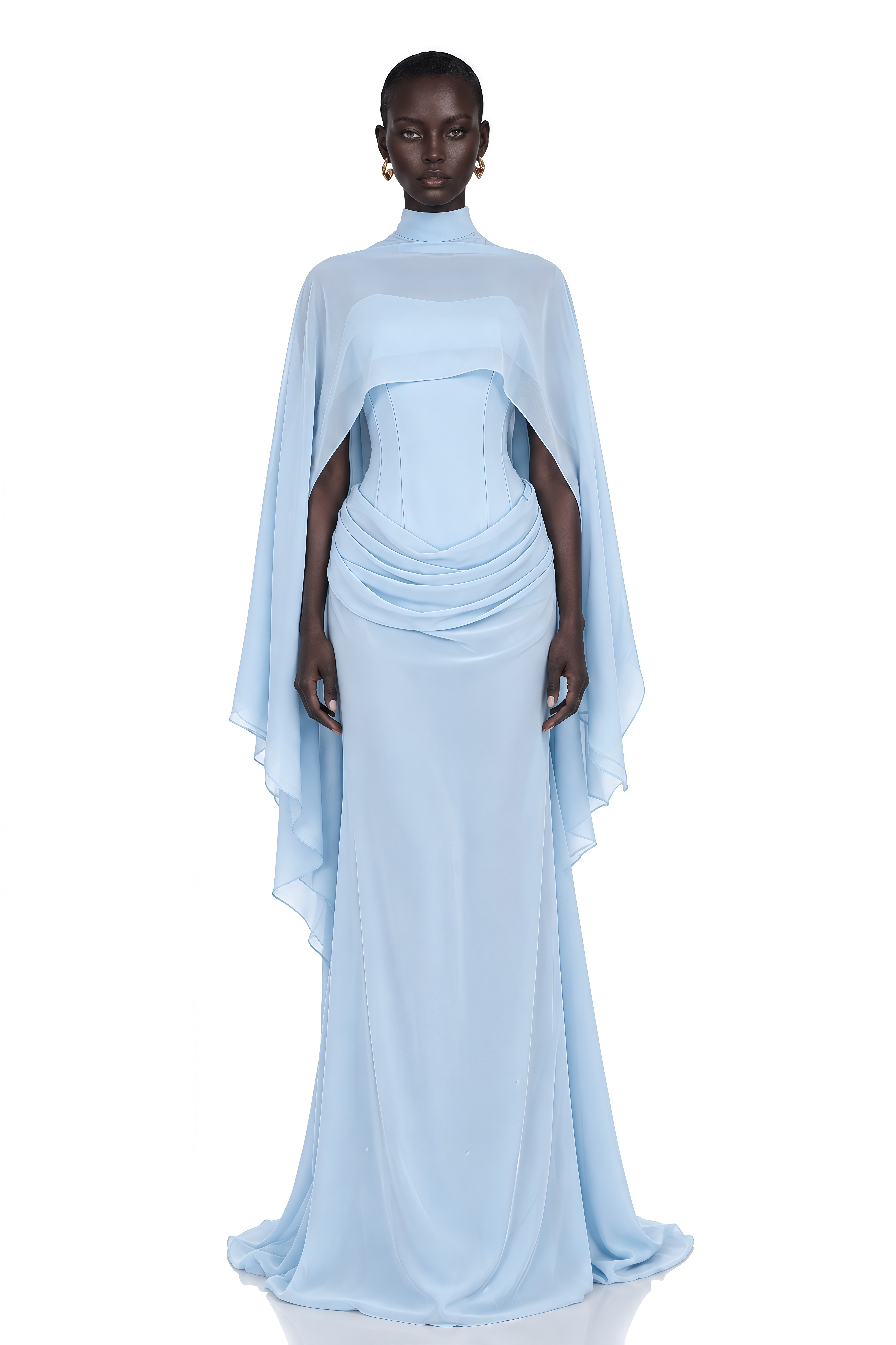 Wasifa Blue Cape & Strapless Draped Maxi Dress Set