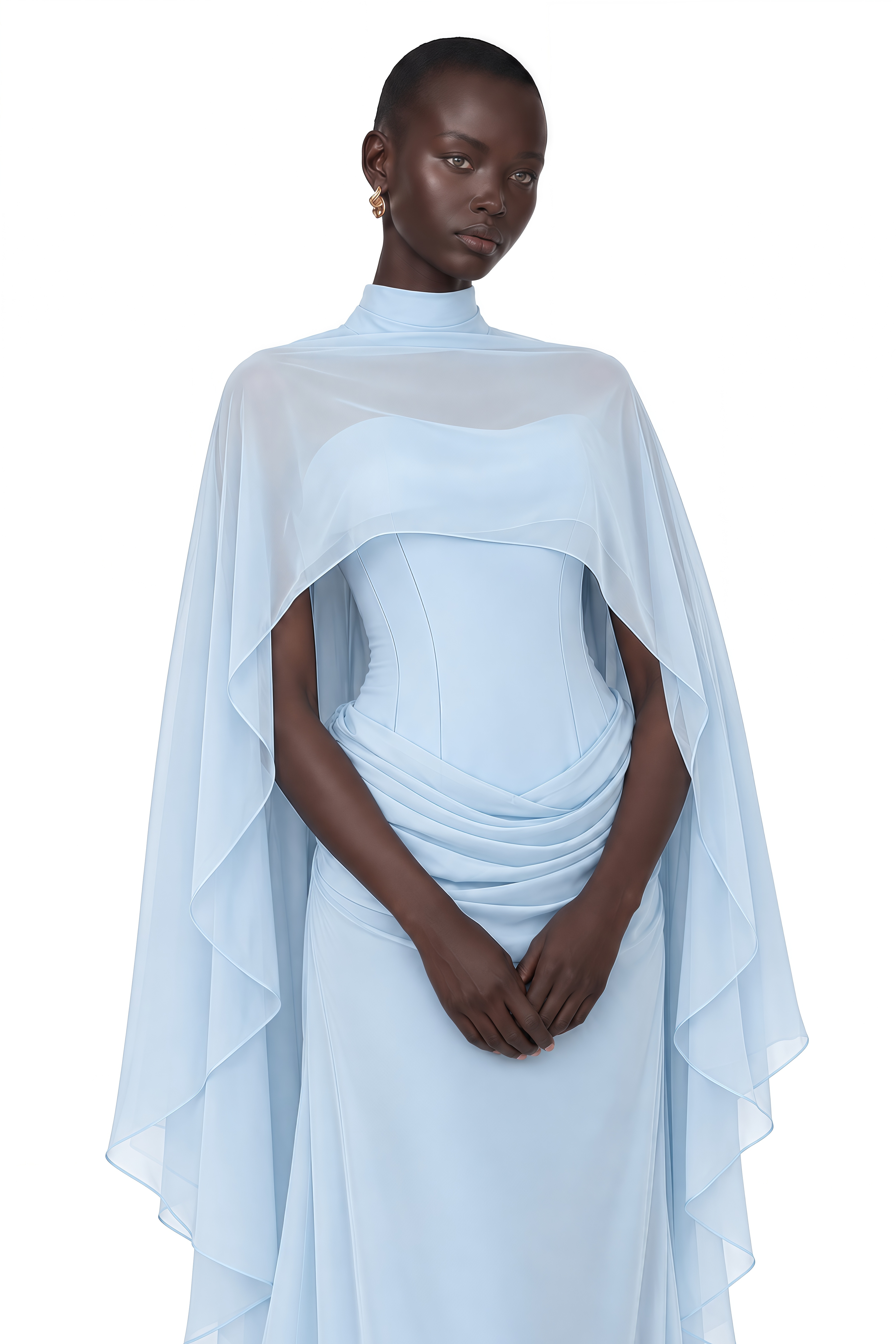 Wasifa Blue Cape & Strapless Draped Maxi Dress Set