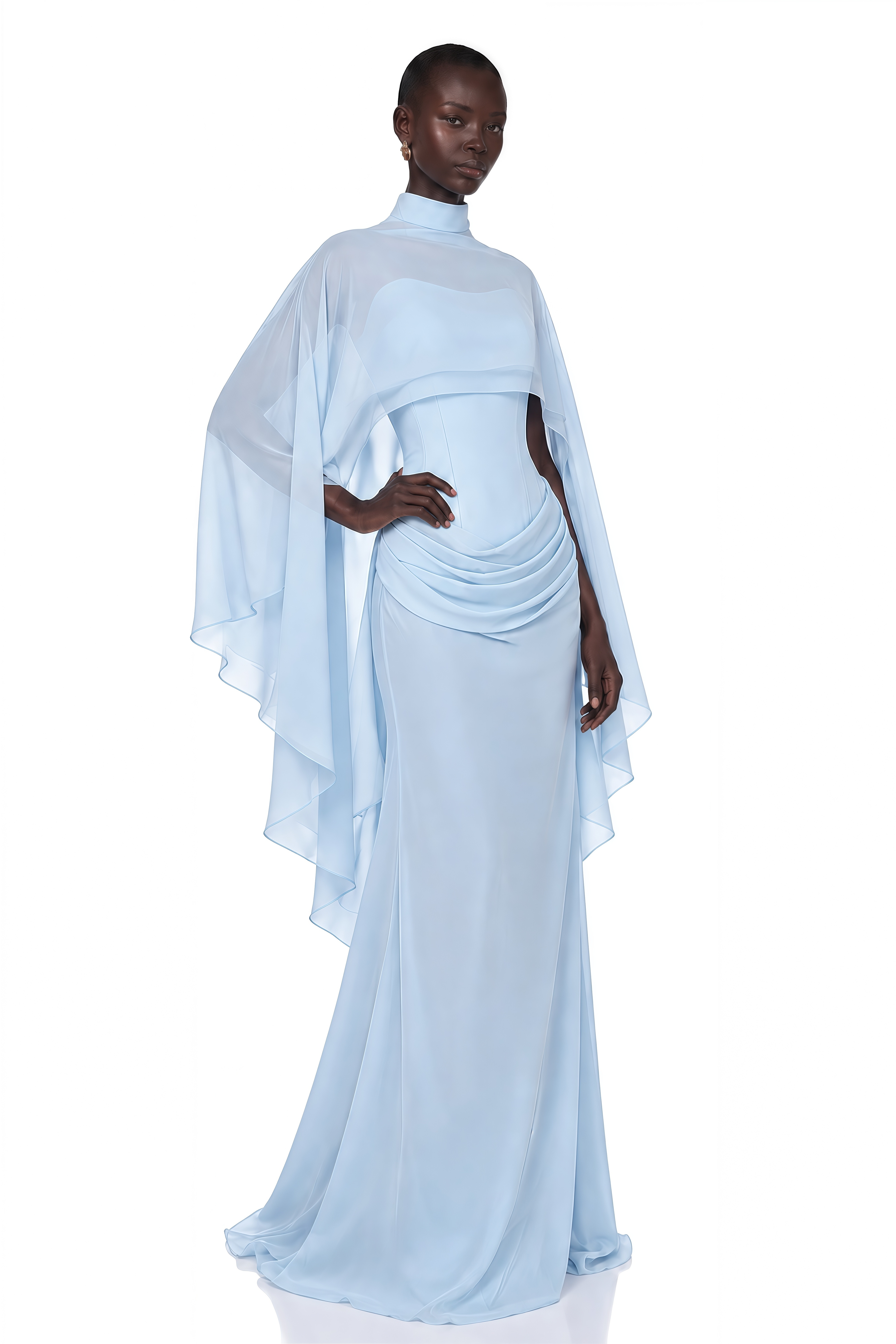 Wasifa Blue Cape & Strapless Draped Maxi Dress Set