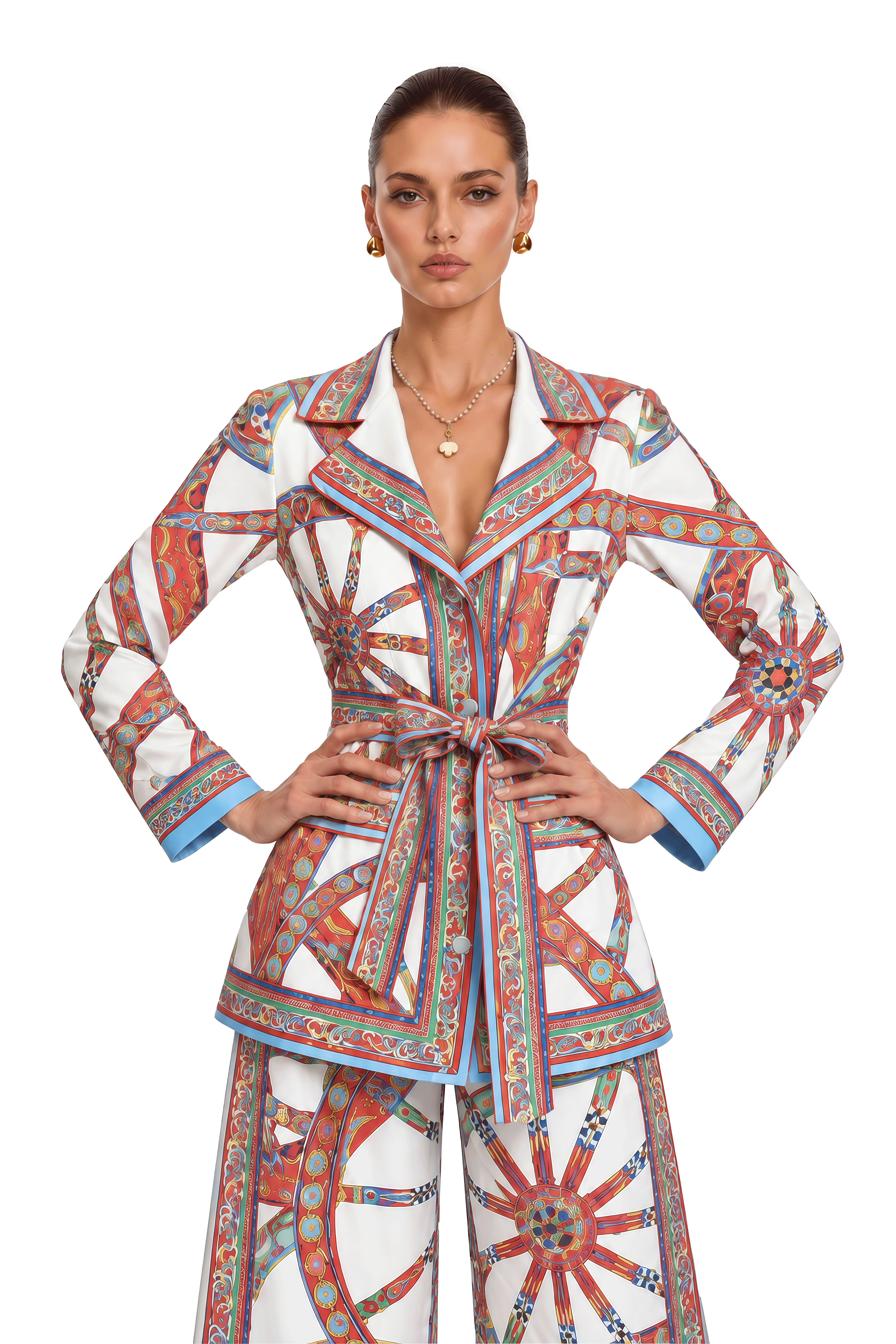 Whinnie Red Printed Blouse & Wide Leg Trousers Set