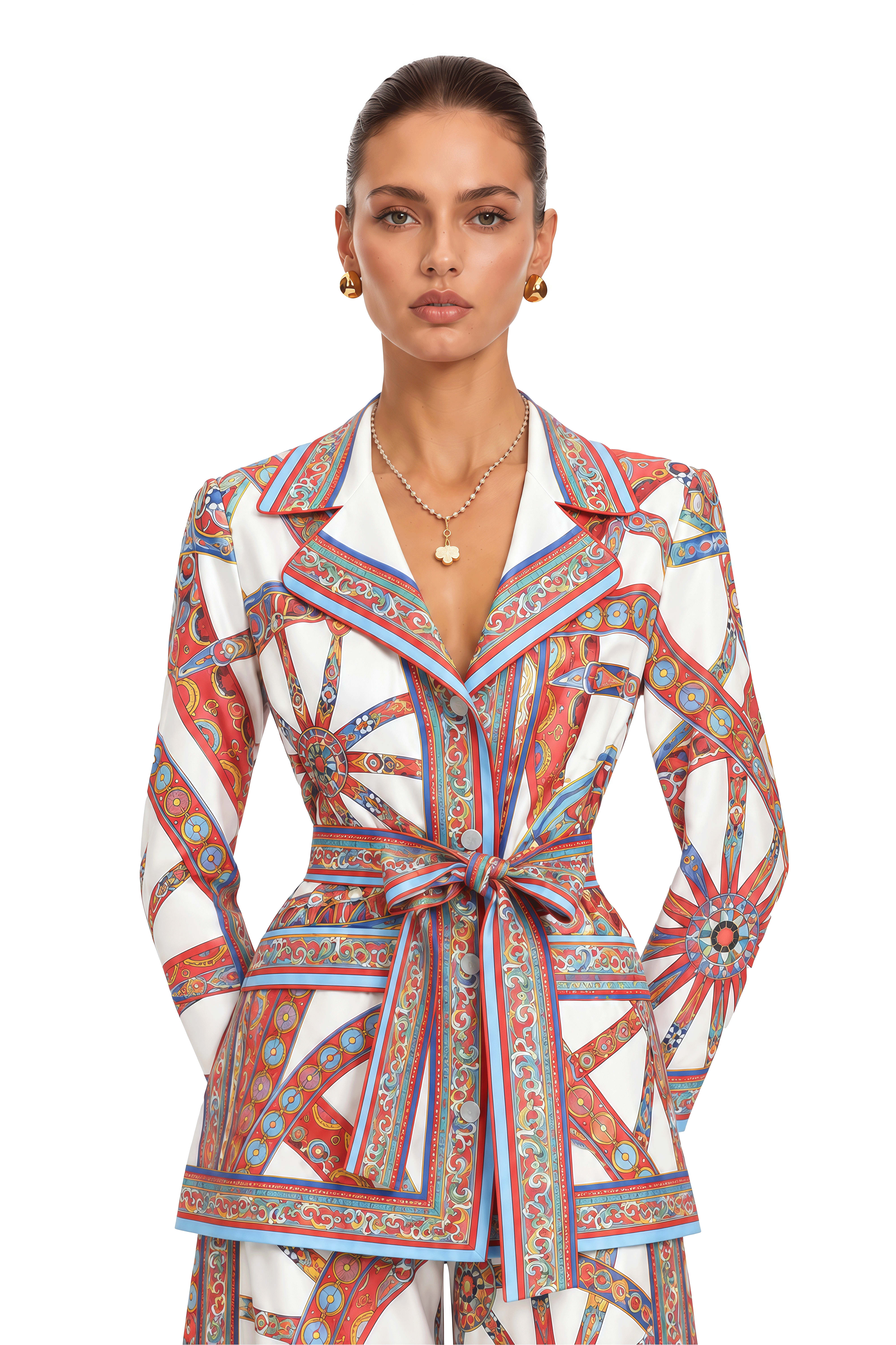 Whinnie Red Printed Blouse & Wide Leg Trousers Set