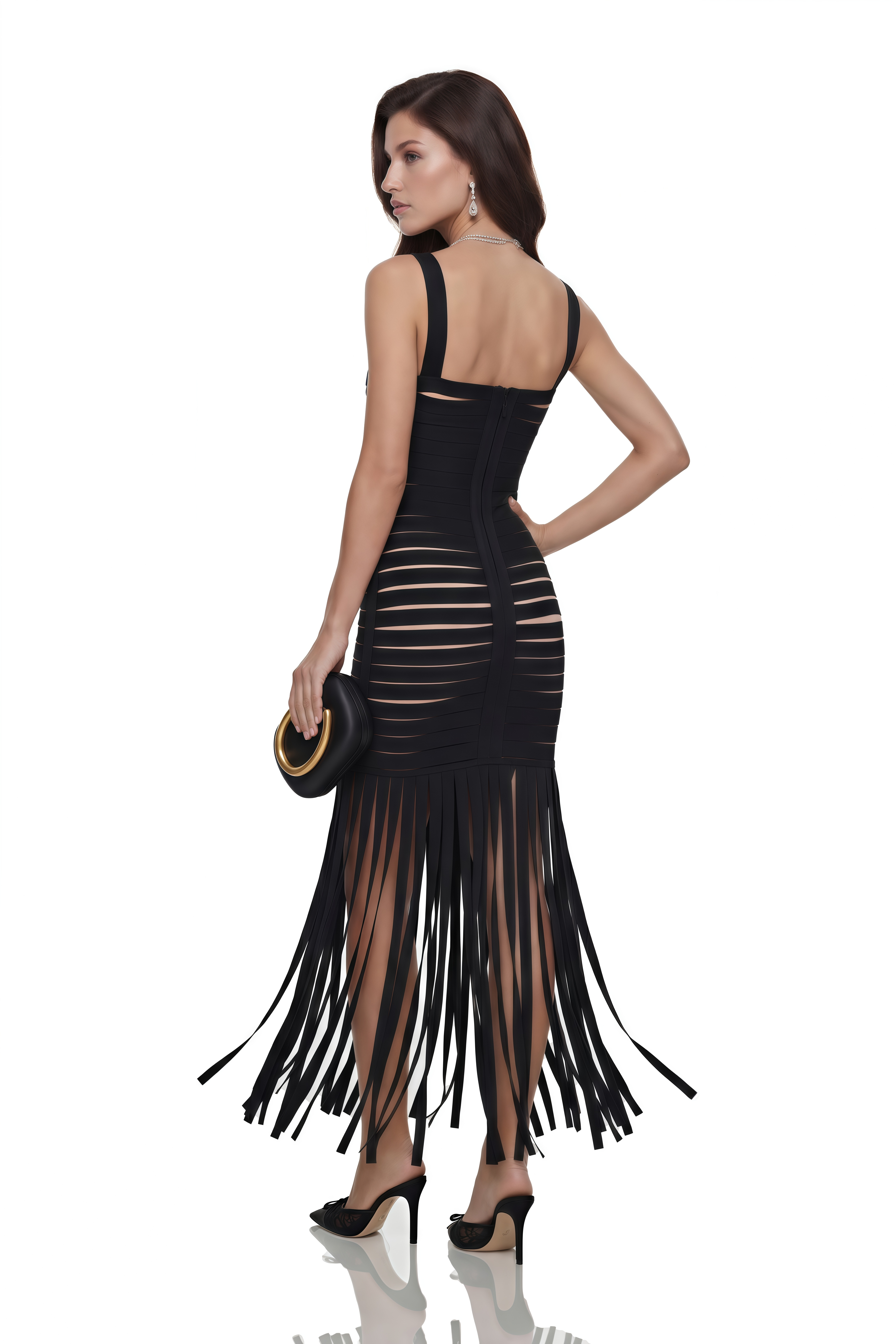 Whitney Black Cut-Out Maxi Dress with Fringe
