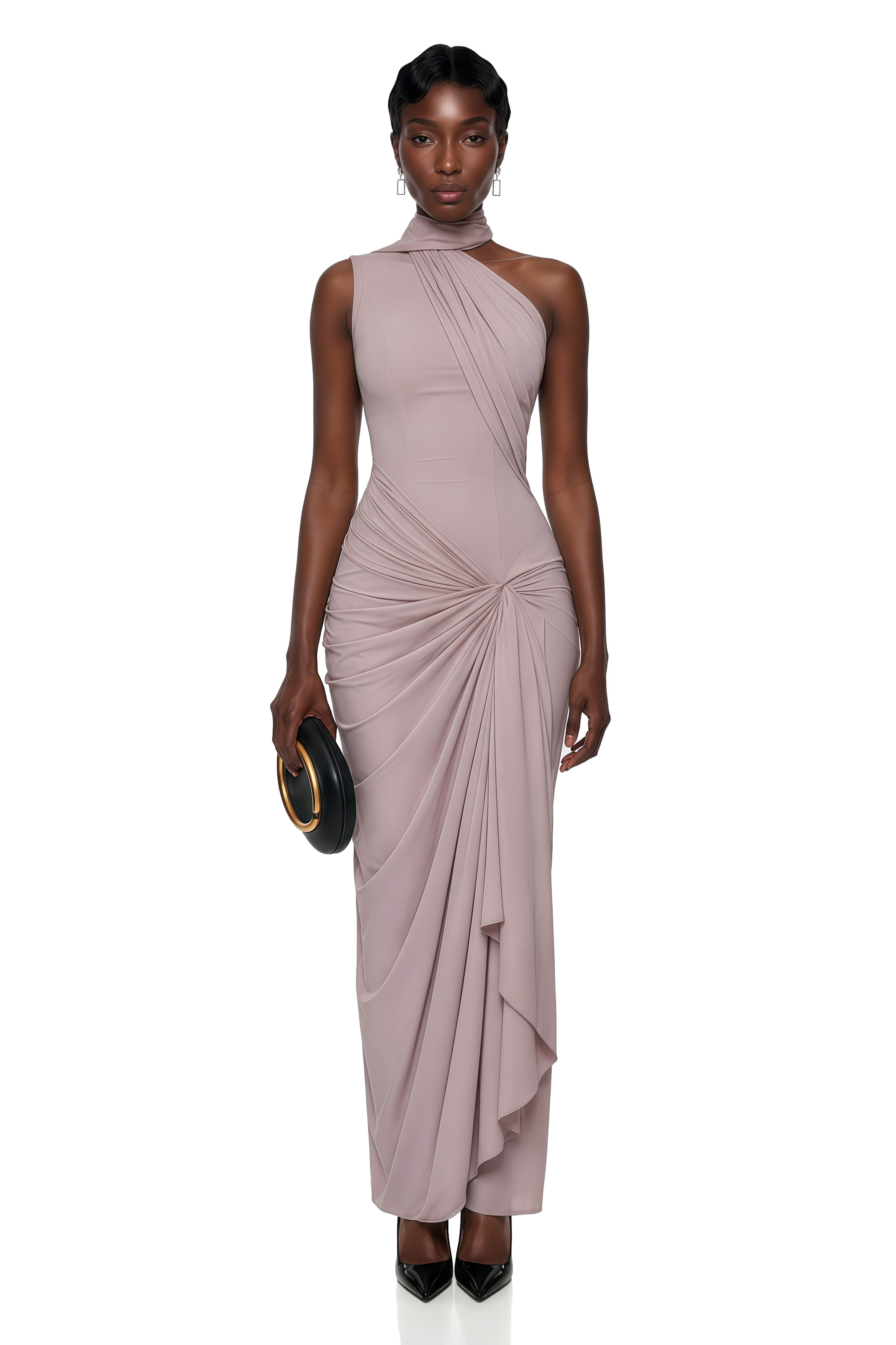 Wilhelmina Dusty Pink Asymmetrical Ruched Maxi Dress