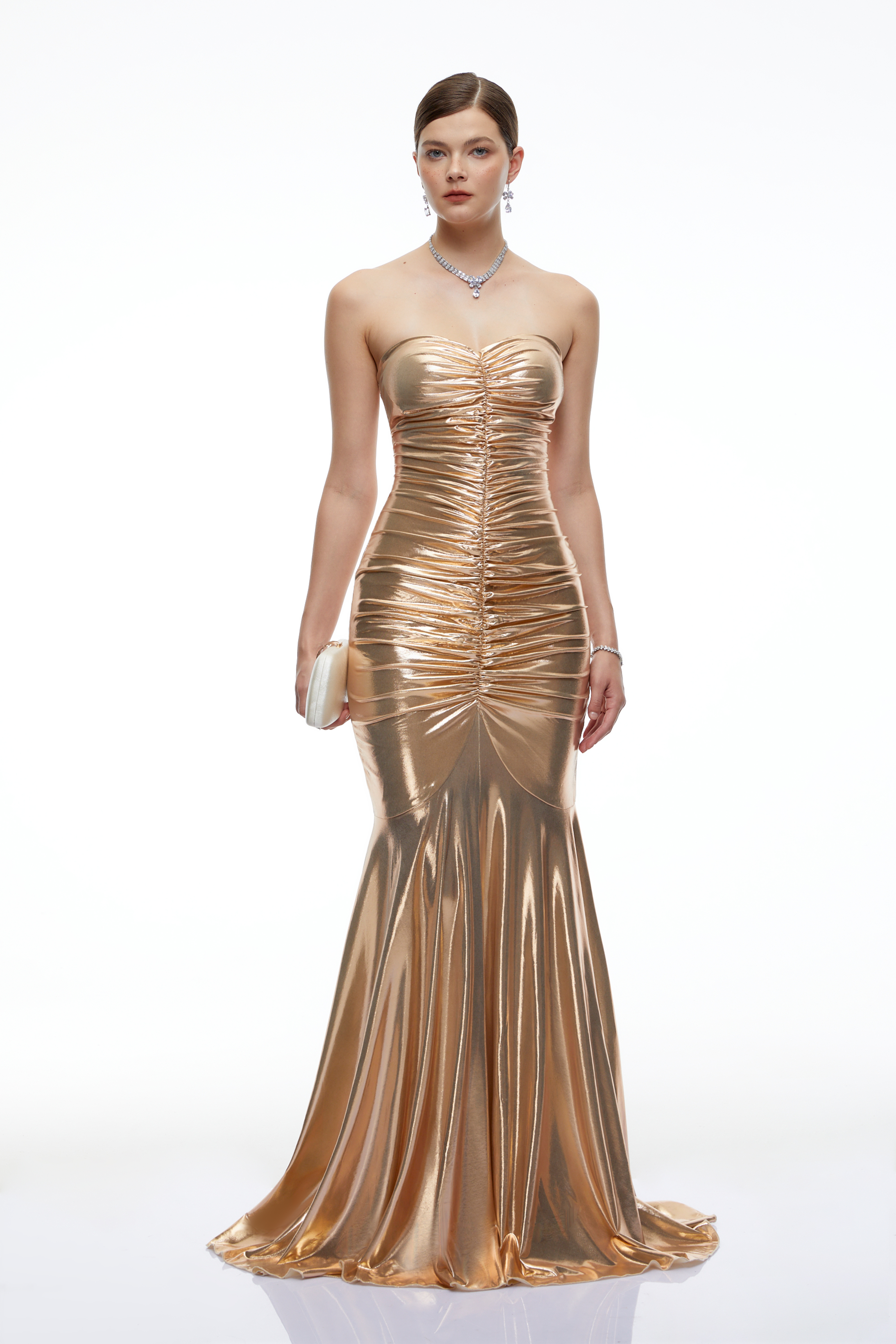 Willa Gold Metallic Strapless Ruched Maxi Dress