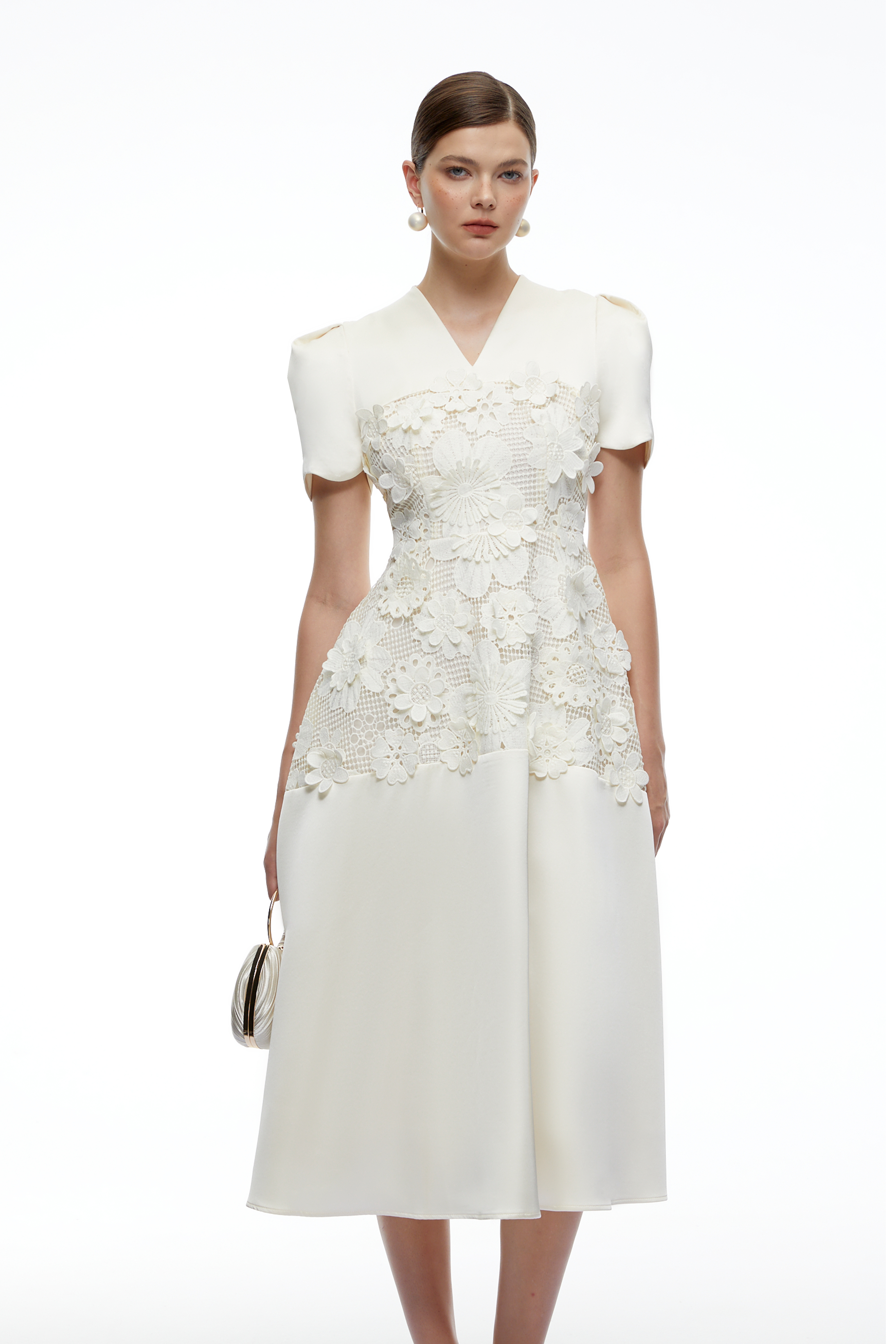 Winifred White V-Neck Midi Dress with Puff Sleeves