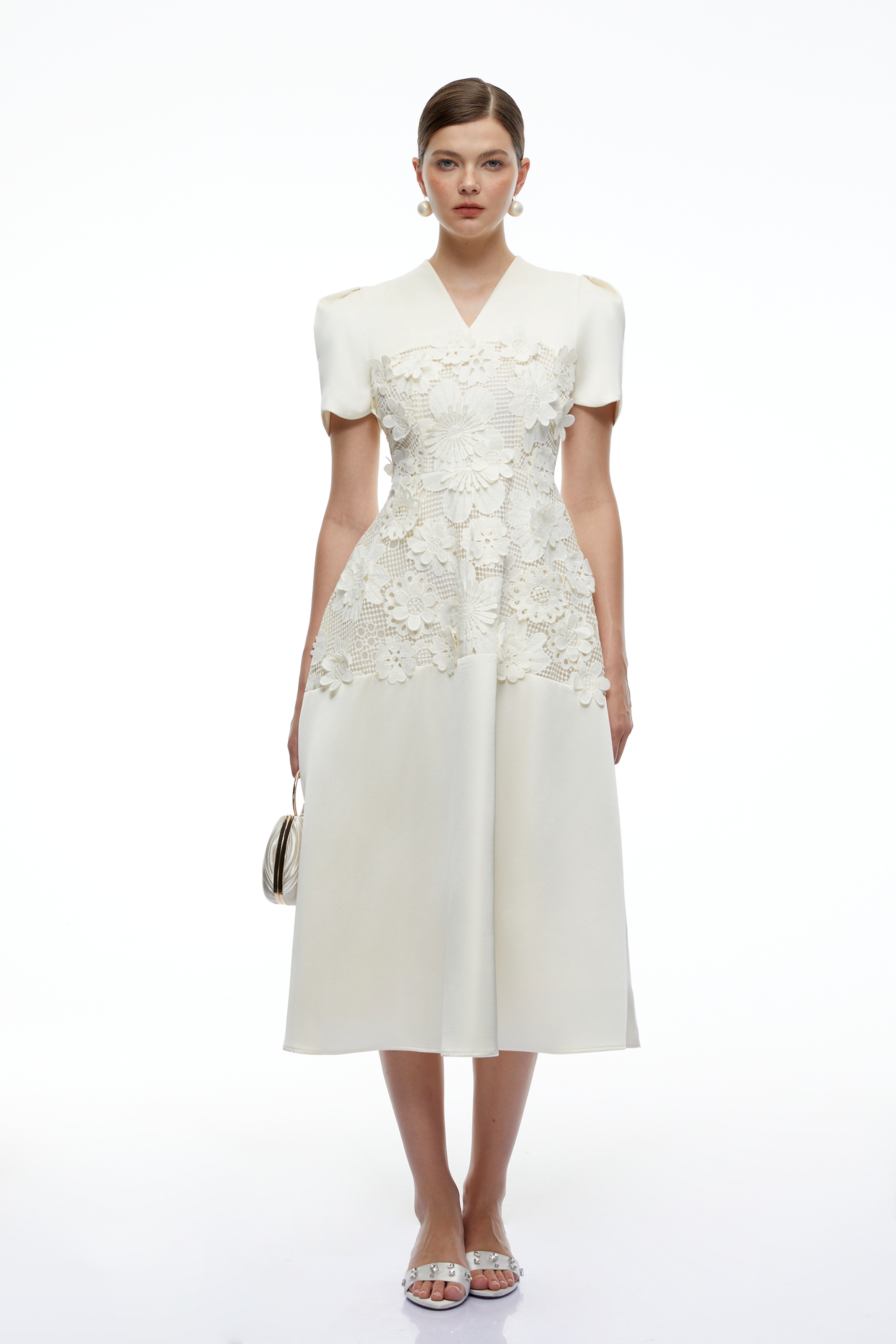 Winifred White V-Neck Midi Dress with Puff Sleeves