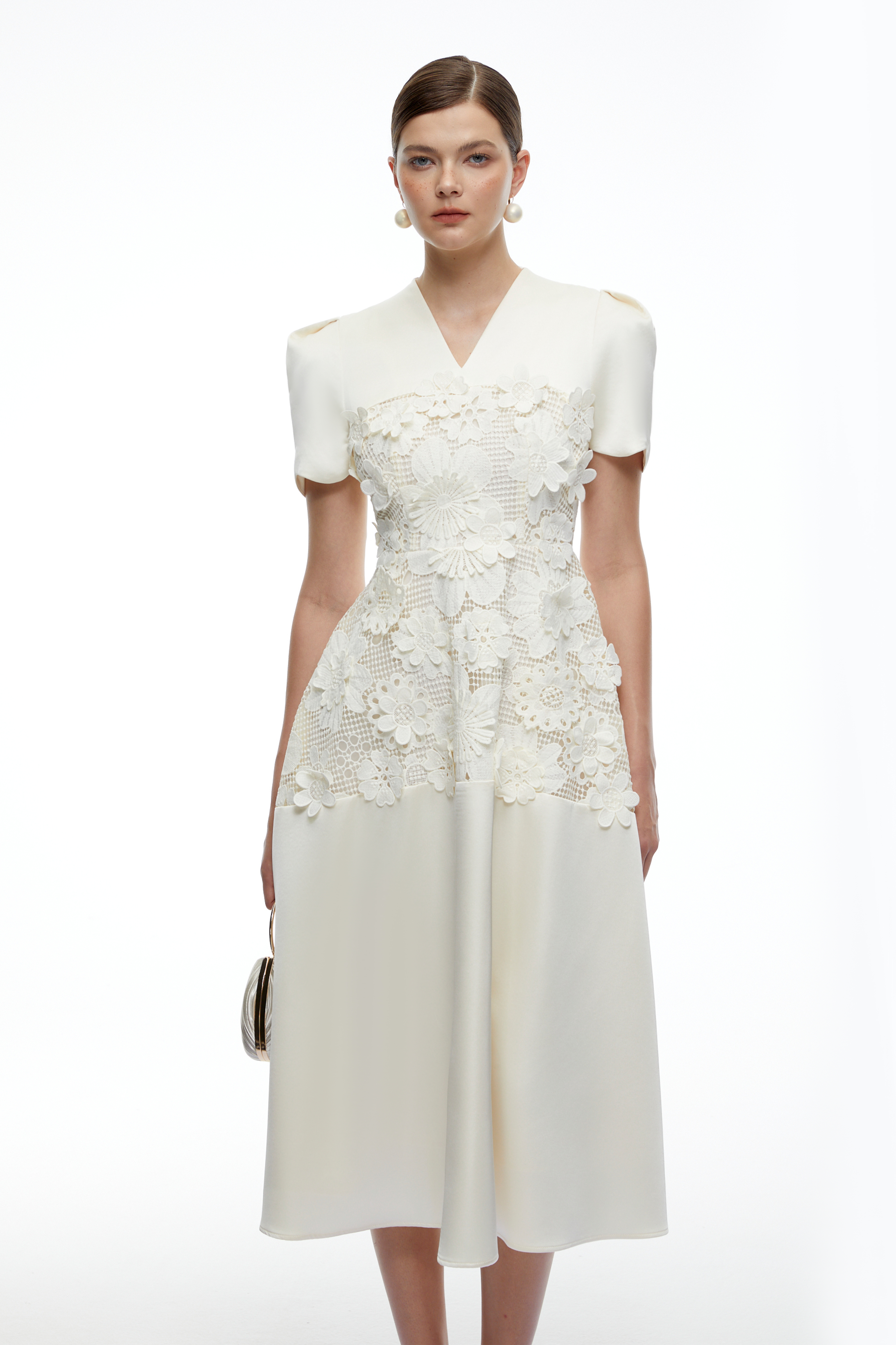 Winifred White V-Neck Midi Dress with Puff Sleeves