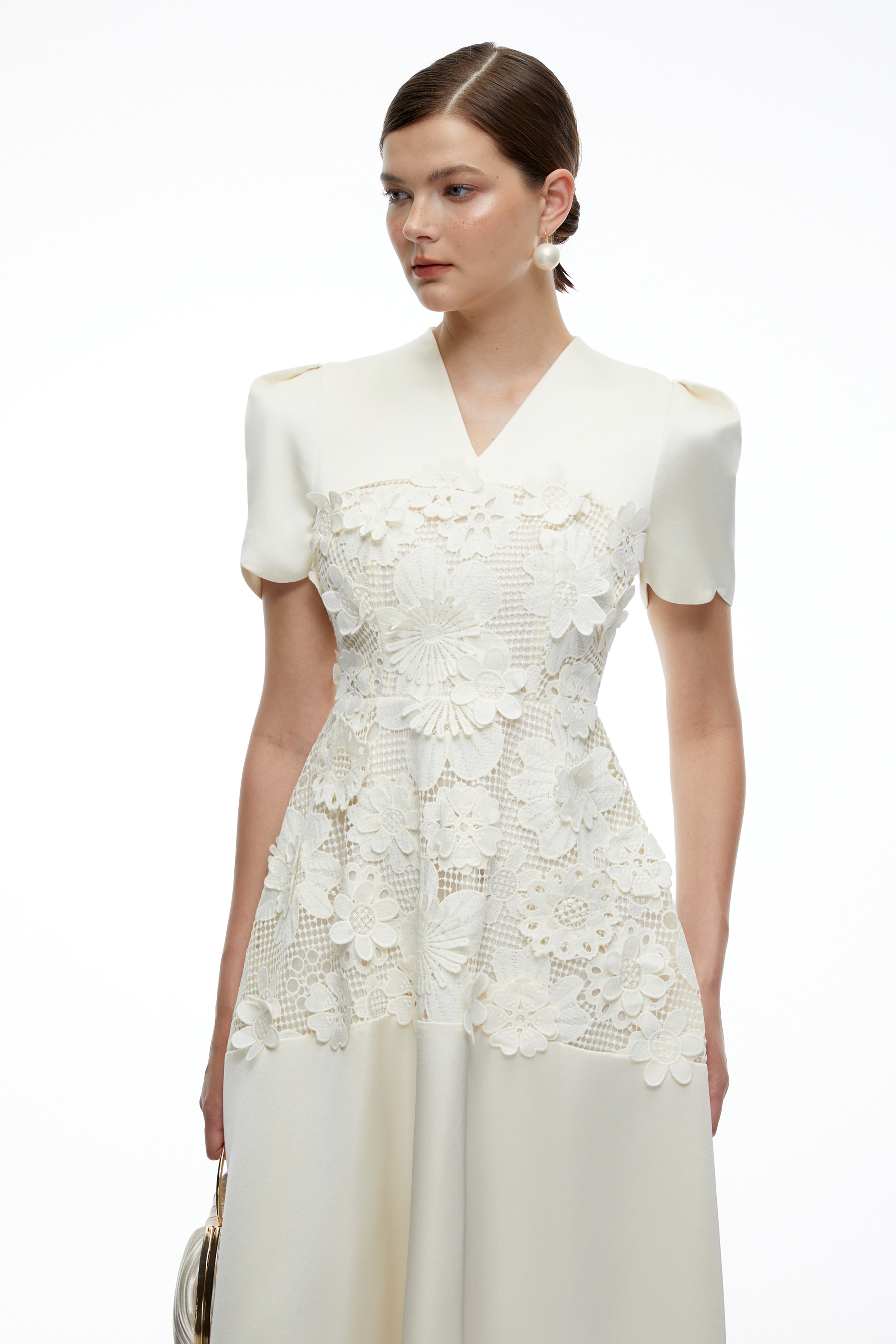 Winifred White V-Neck Midi Dress with Puff Sleeves