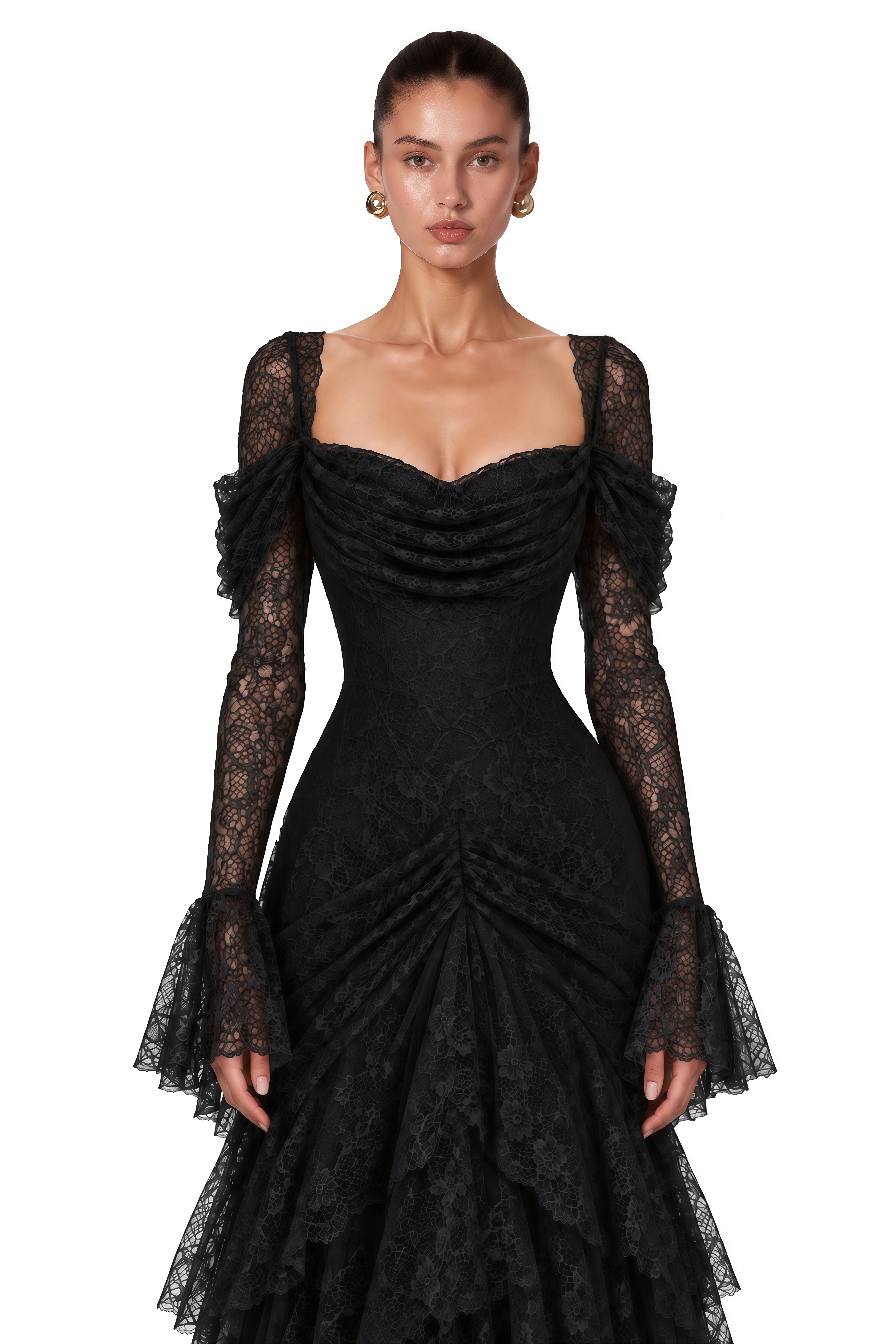 Wrenlee Black Lace Draped Maxi Dress