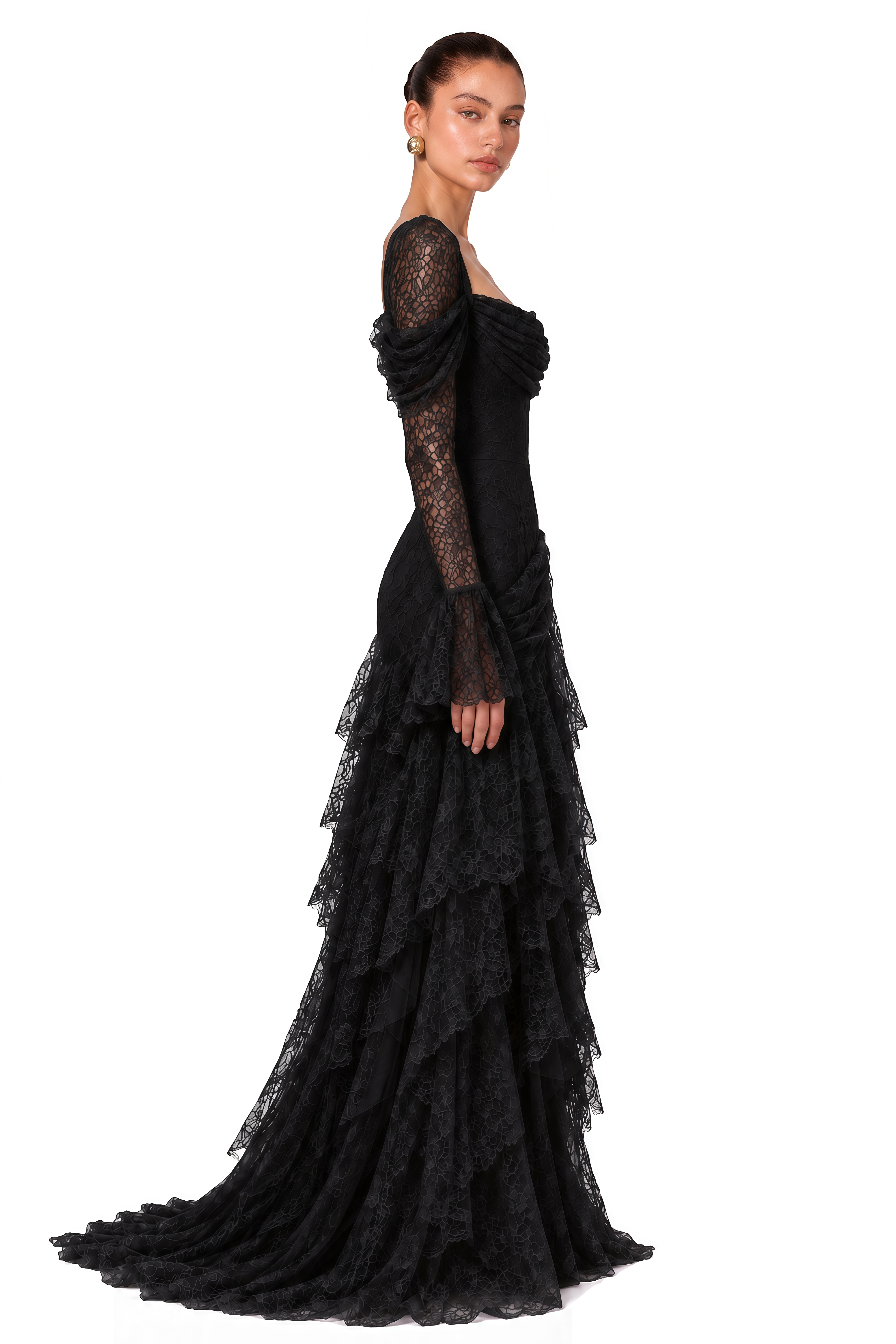 Wrenlee Black Lace Draped Maxi Dress