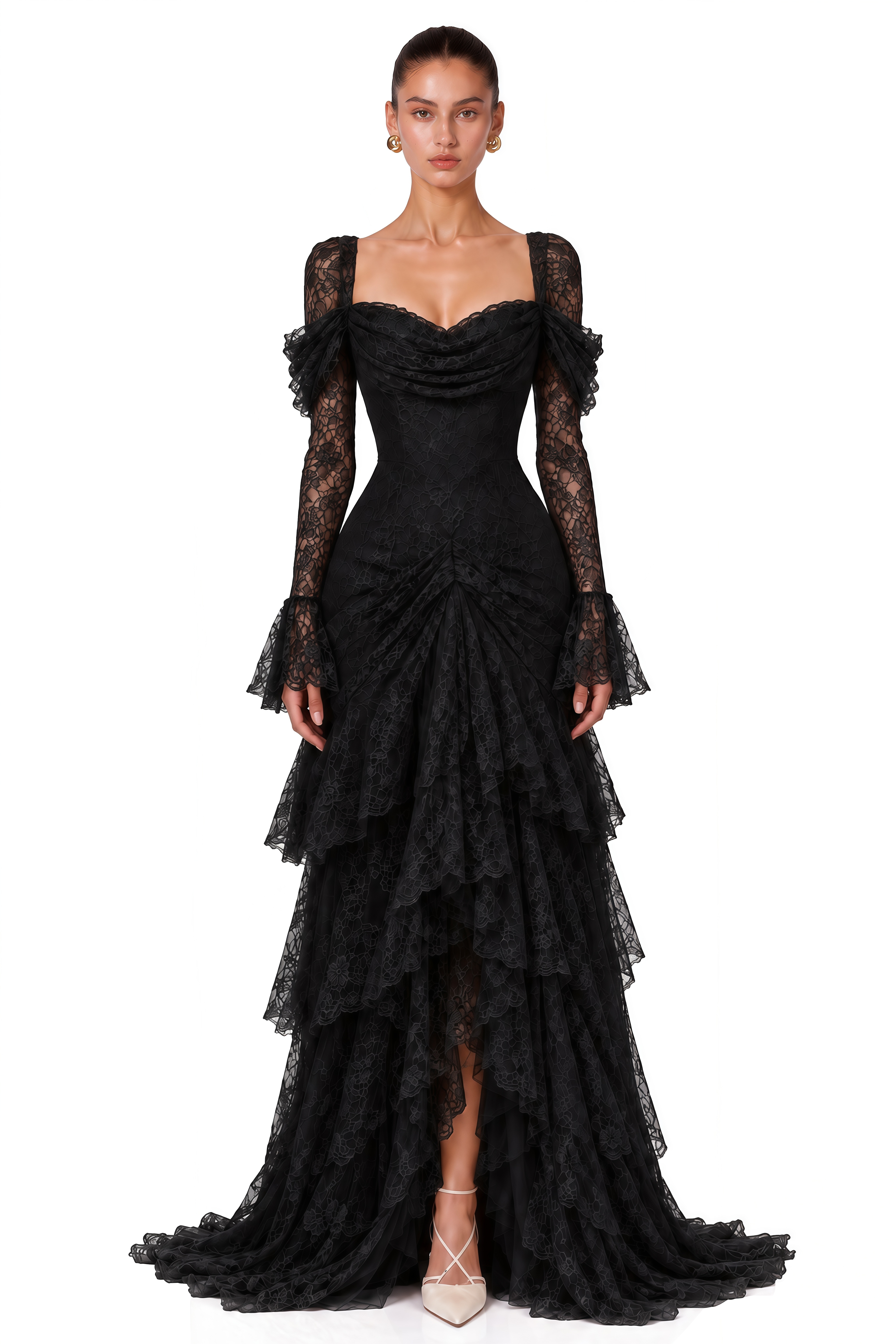 Wrenlee Black Lace Draped Maxi Dress
