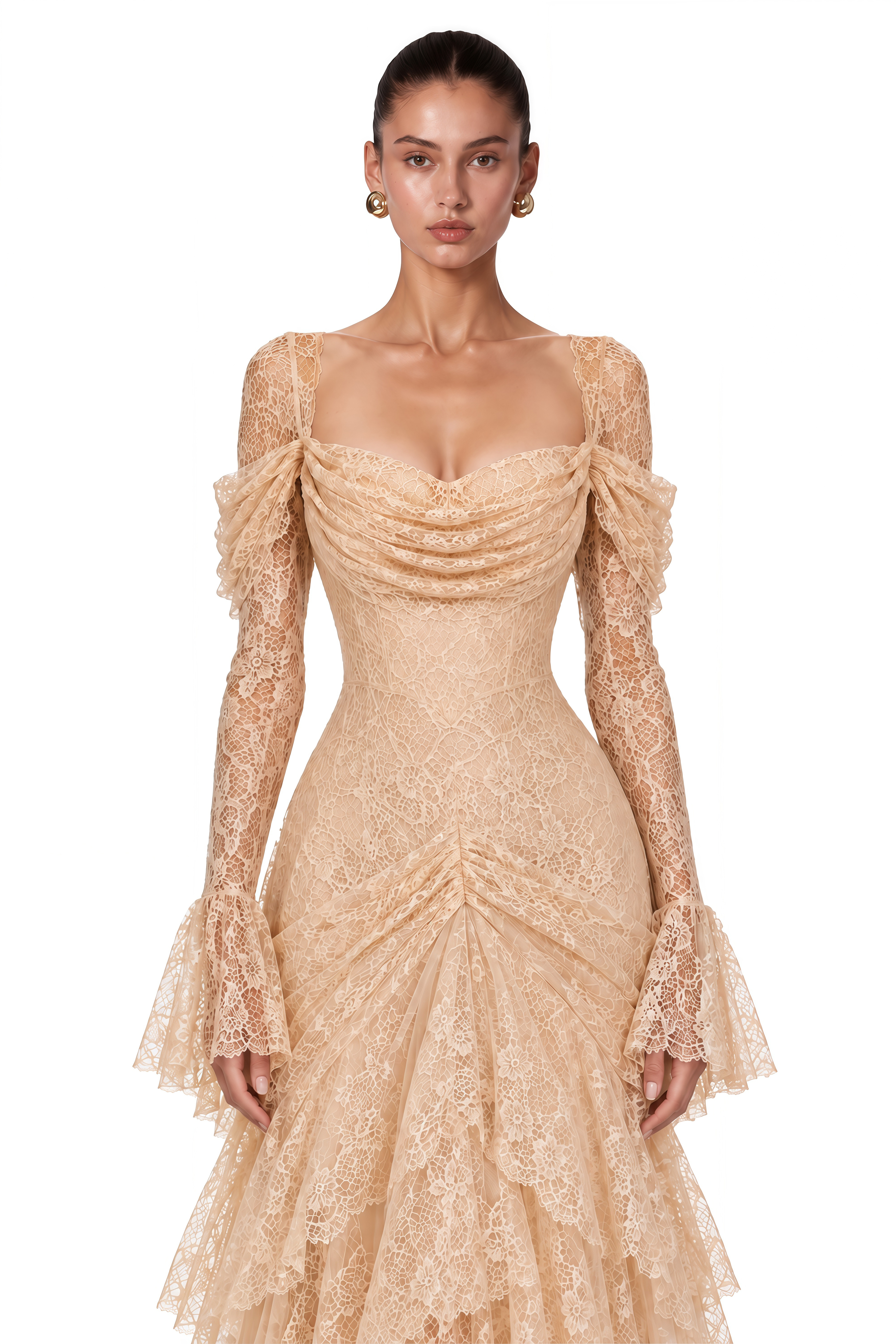 Wrenlee Neutral Lace Draped Maxi Dress