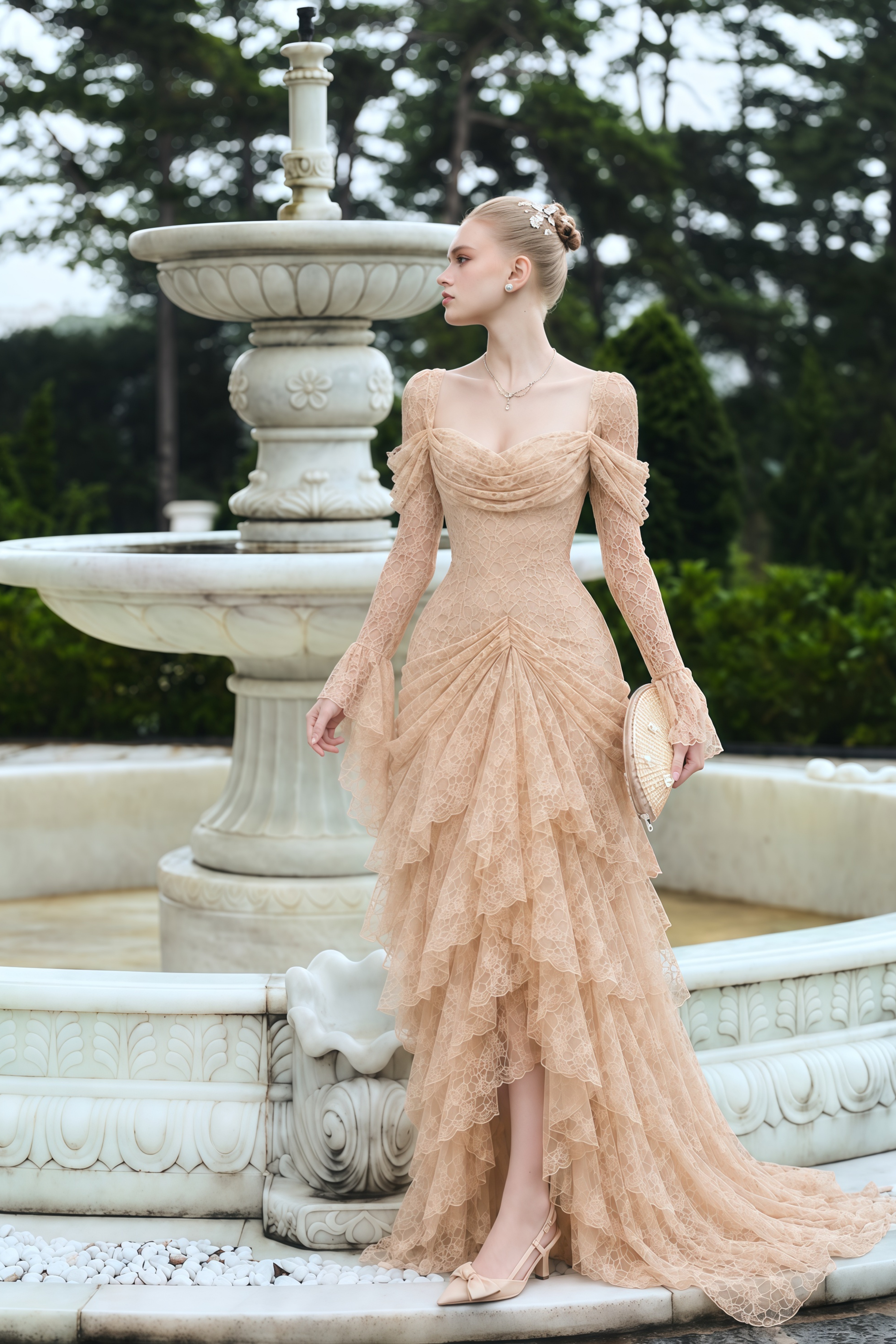 Wrenlee Neutral Lace Draped Maxi Dress