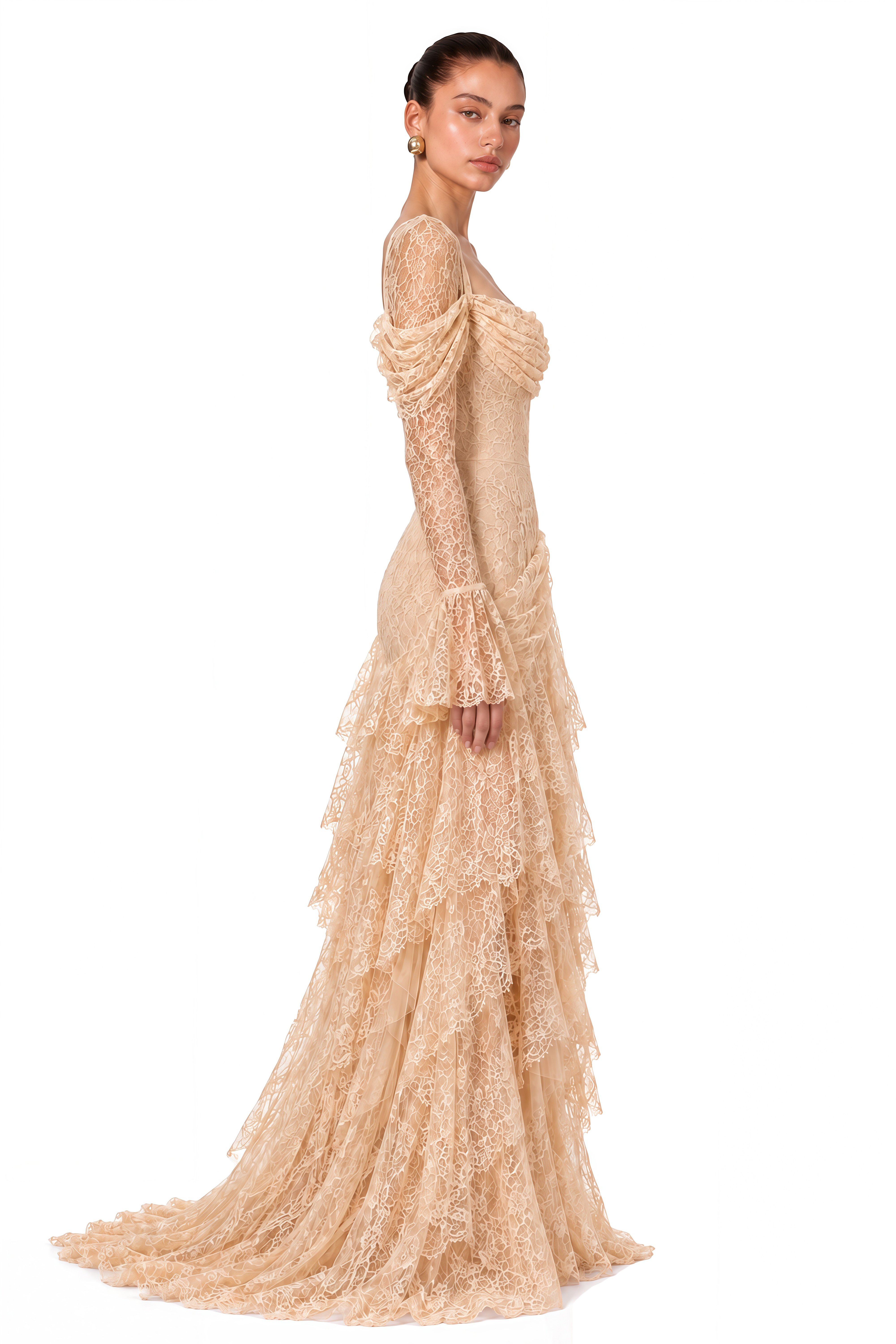 Wrenlee Neutral Lace Draped Maxi Dress