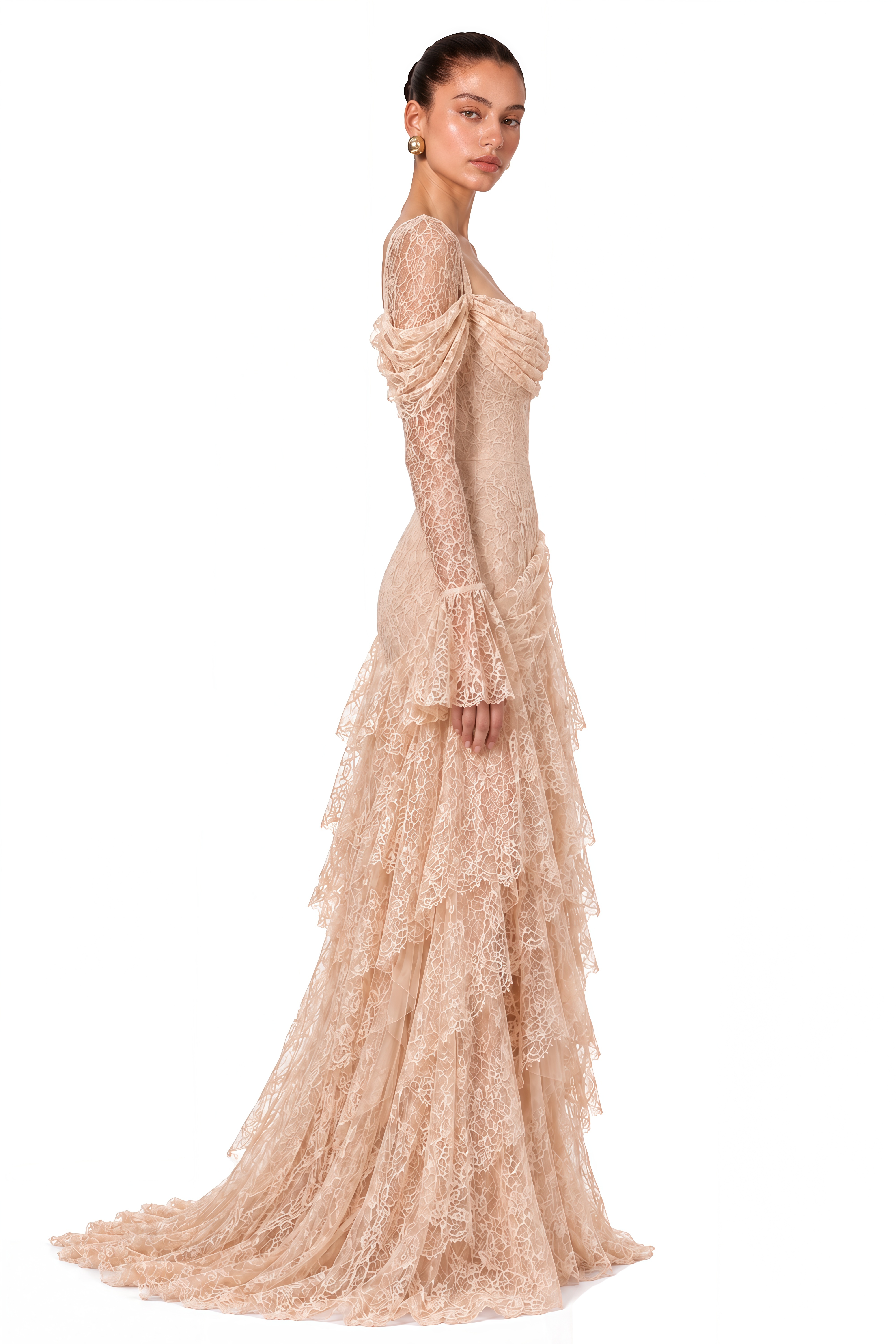 Wrenlee Neutral Lace Draped Maxi Dress