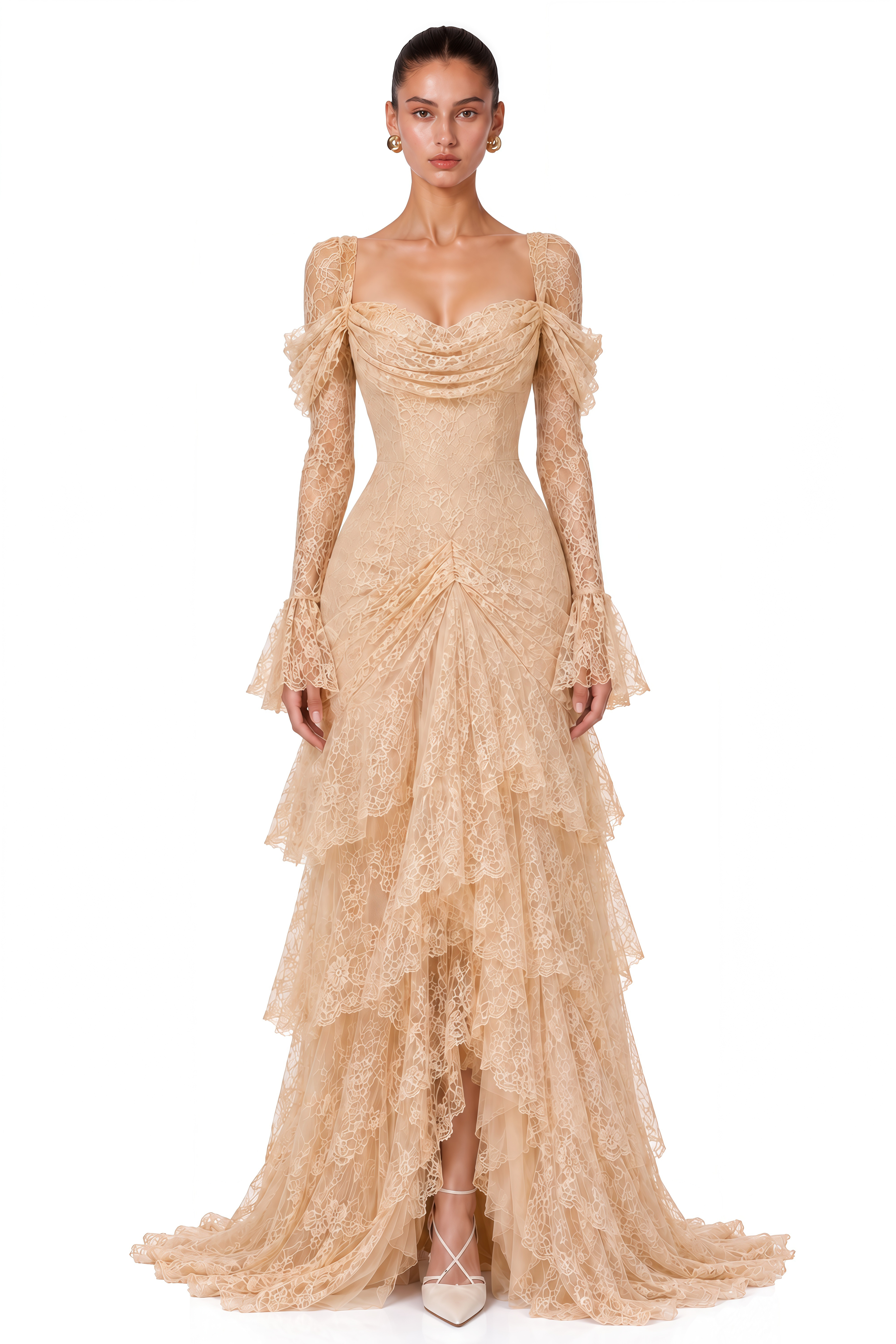 Wrenlee Neutral Lace Draped Maxi Dress