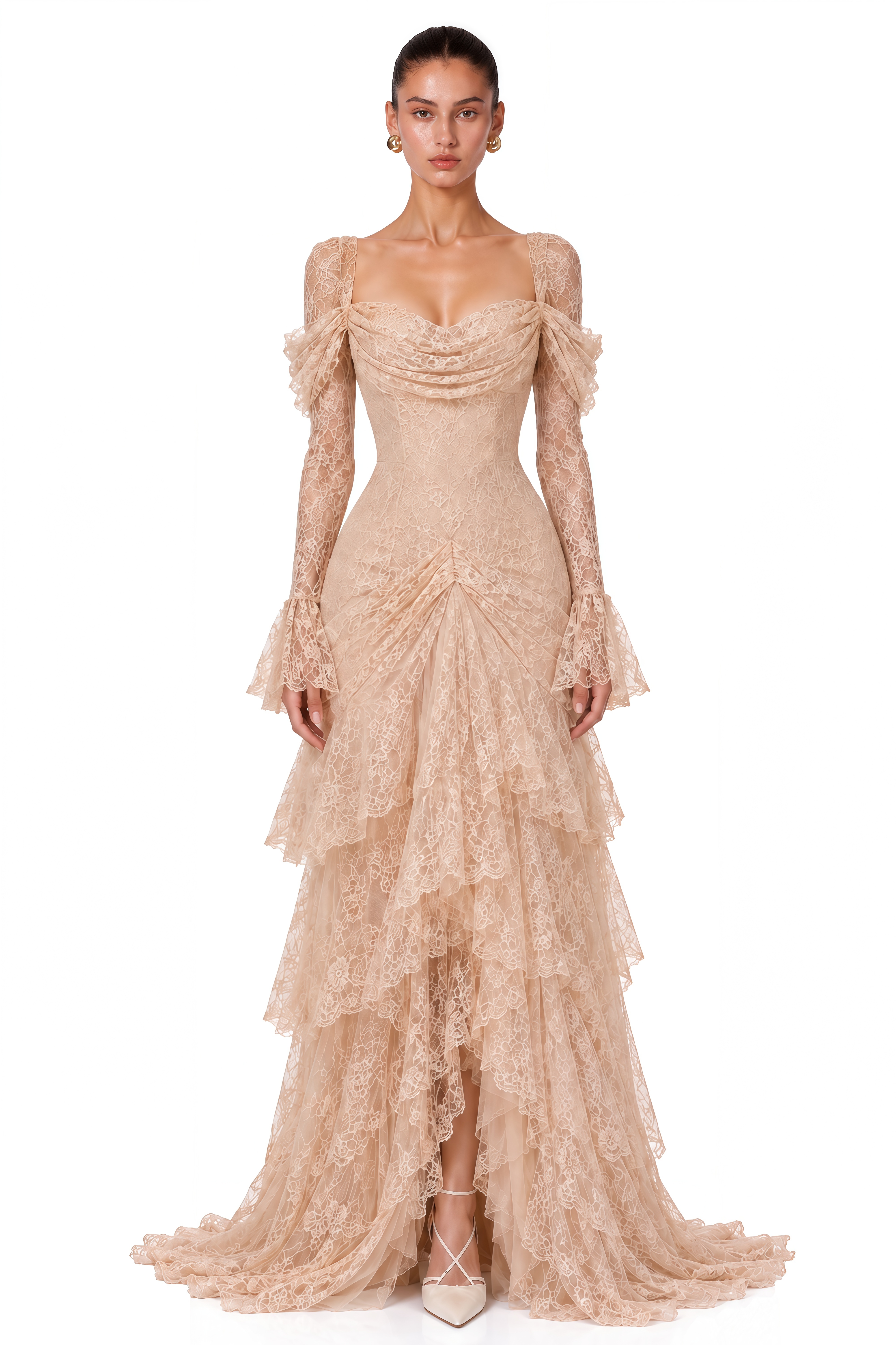 Wrenlee Neutral Lace Draped Maxi Dress
