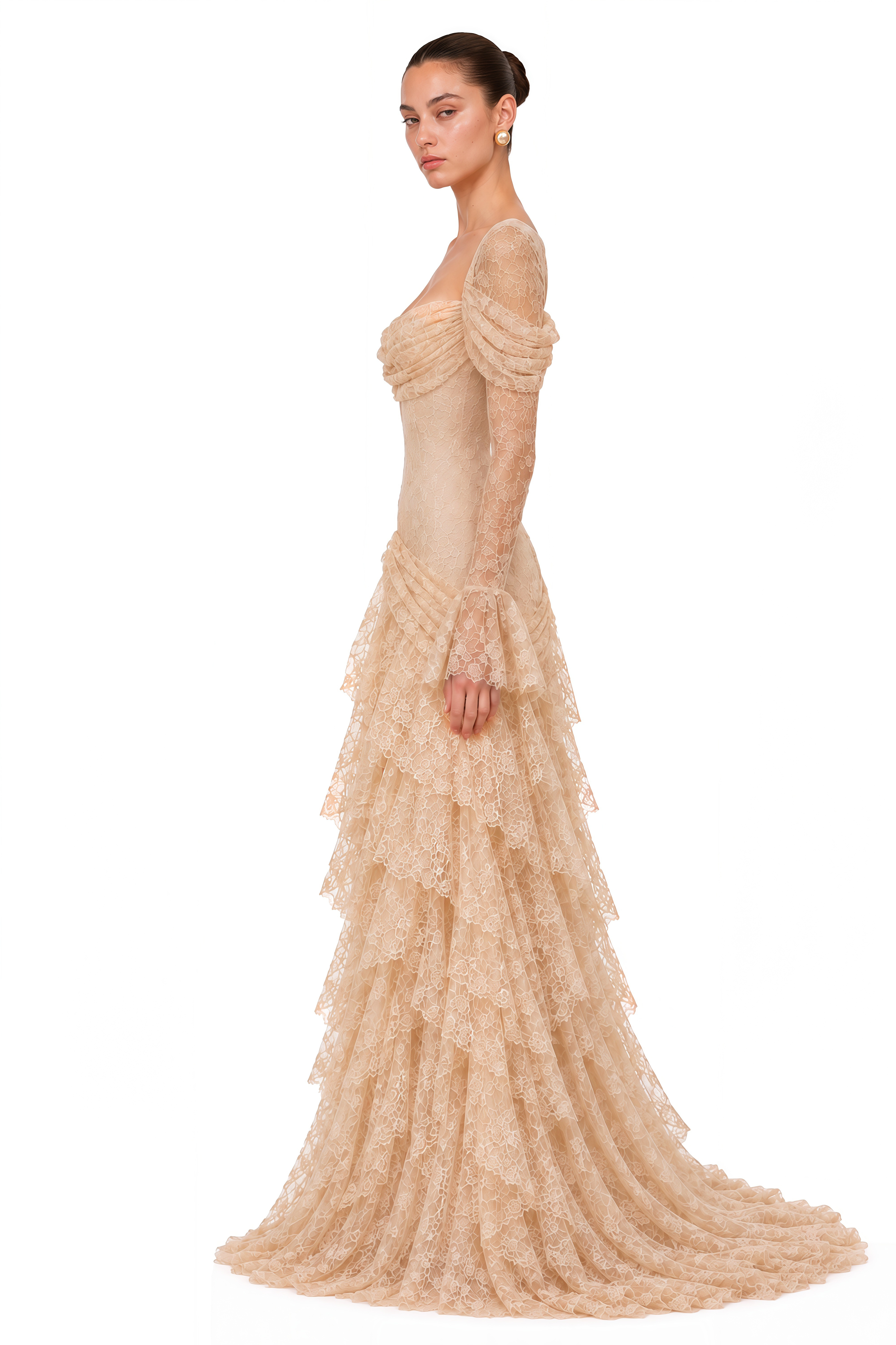 Wrenlee Neutral Lace Draped Maxi Dress