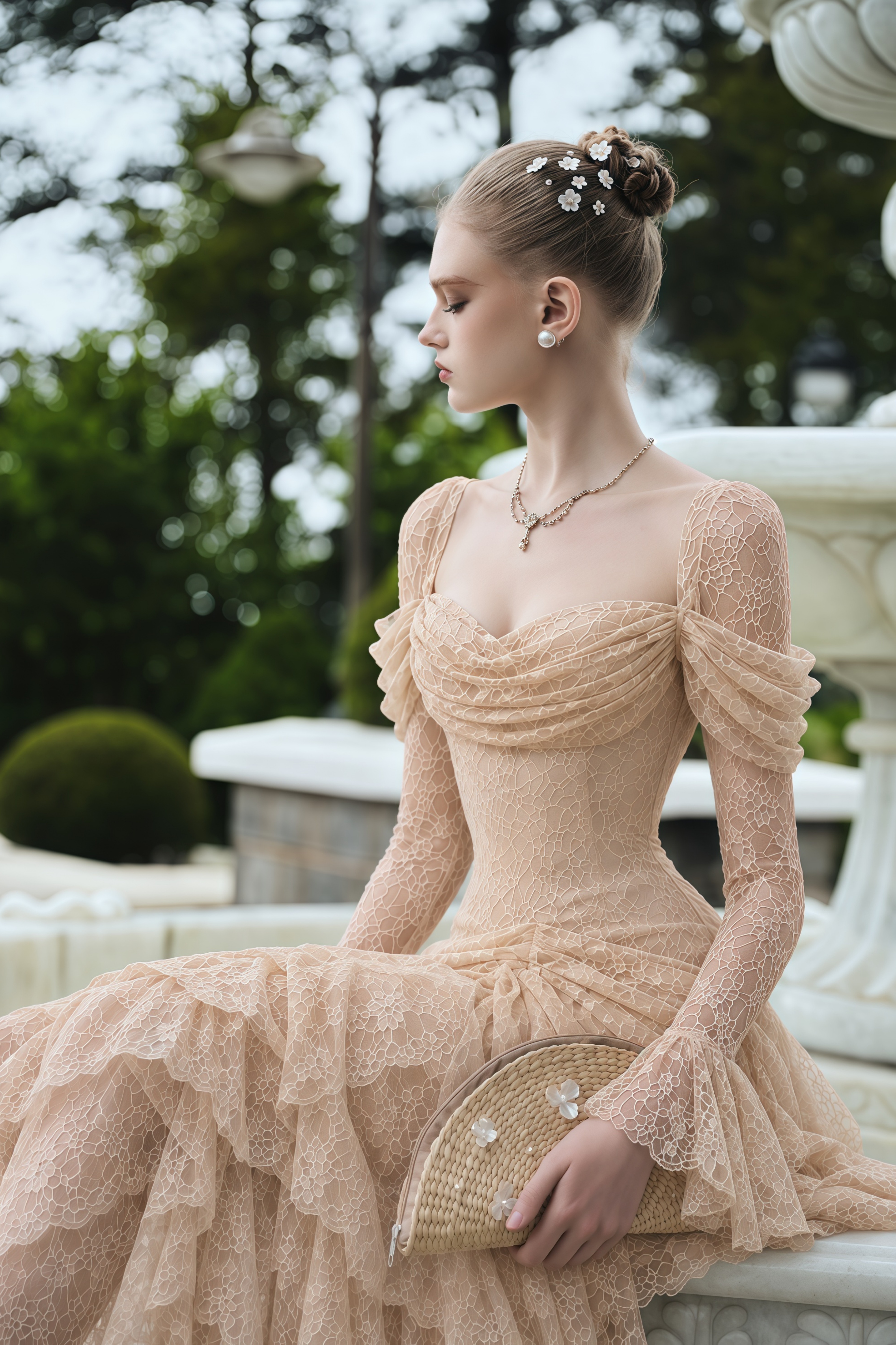 Wrenlee Neutral Lace Draped Maxi Dress
