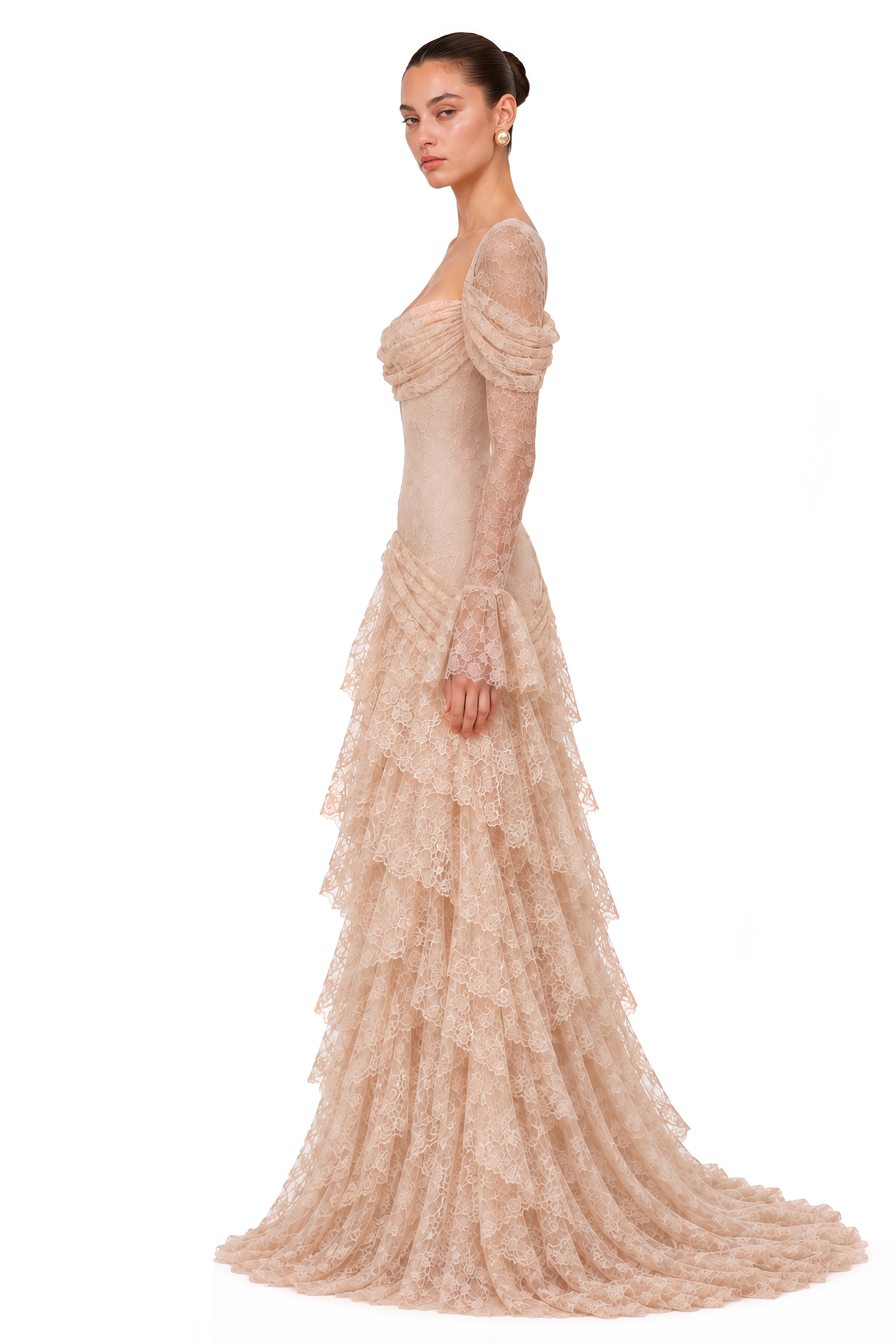 Wrenlee Neutral Lace Draped Maxi Dress