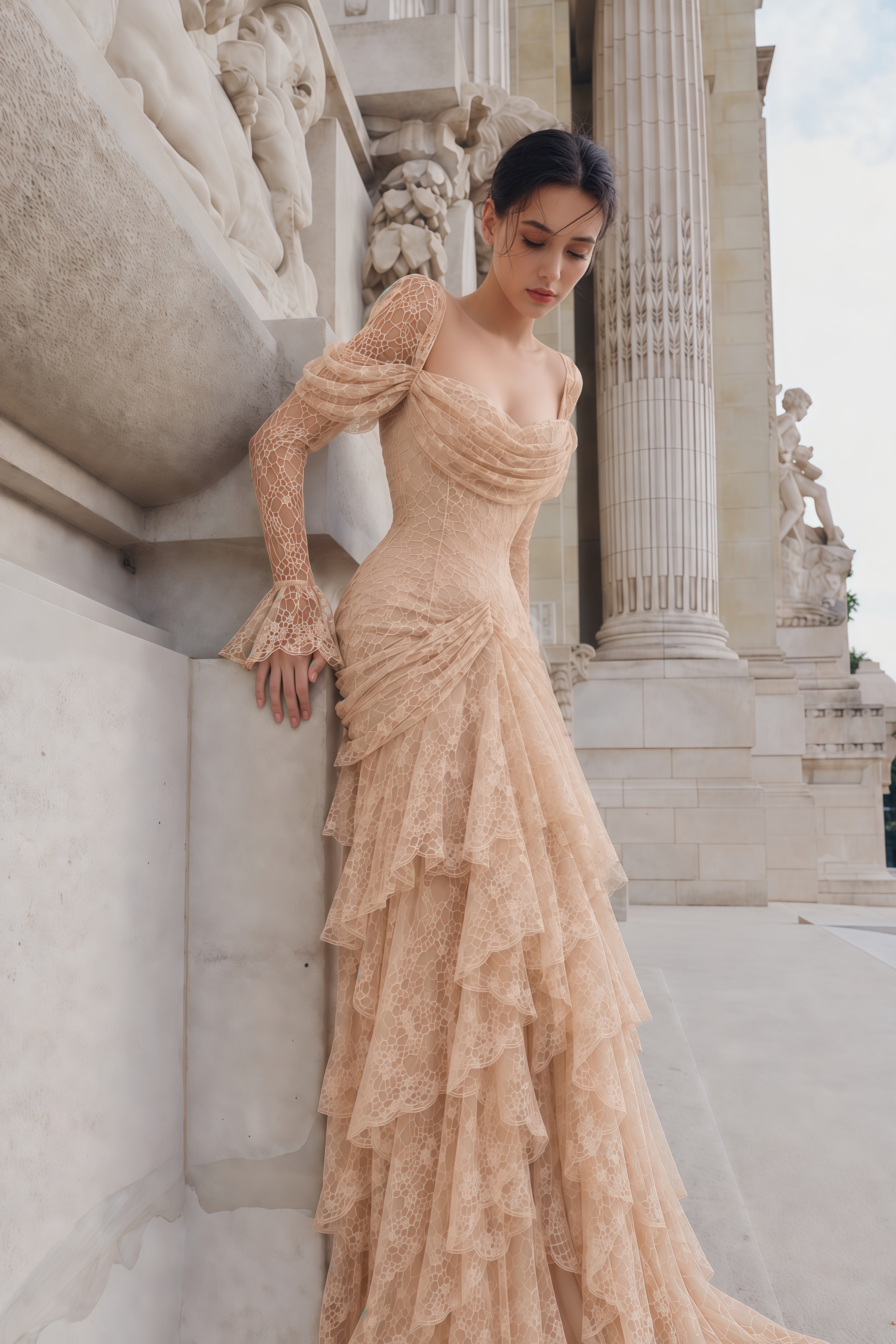 Wrenlee Neutral Lace Draped Maxi Dress