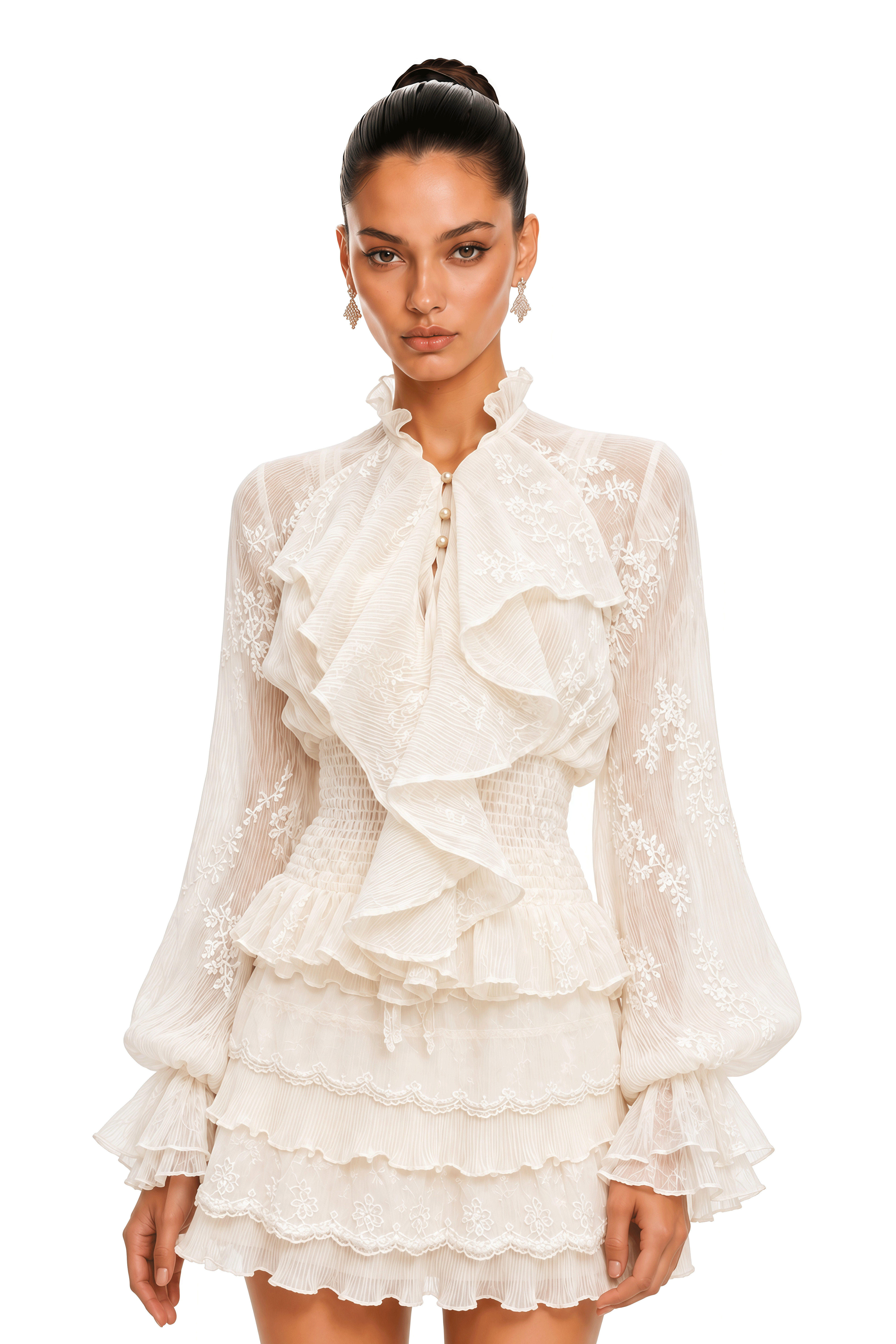 Xanthi Neutral Ruffle Long Sleeve Top & Tiered Mini Skirt Set