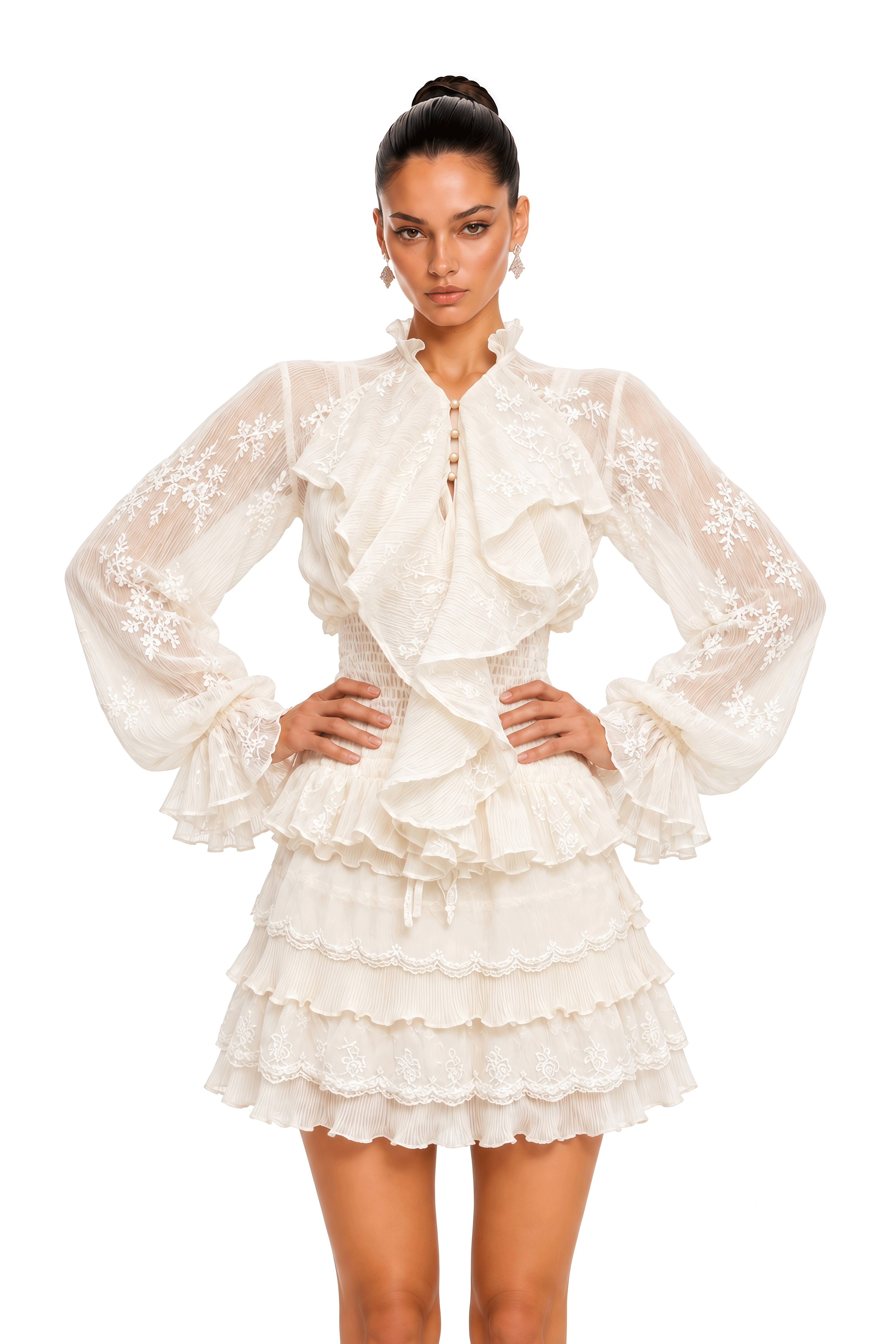 Xanthi Neutral Ruffle Long Sleeve Top & Tiered Mini Skirt Set
