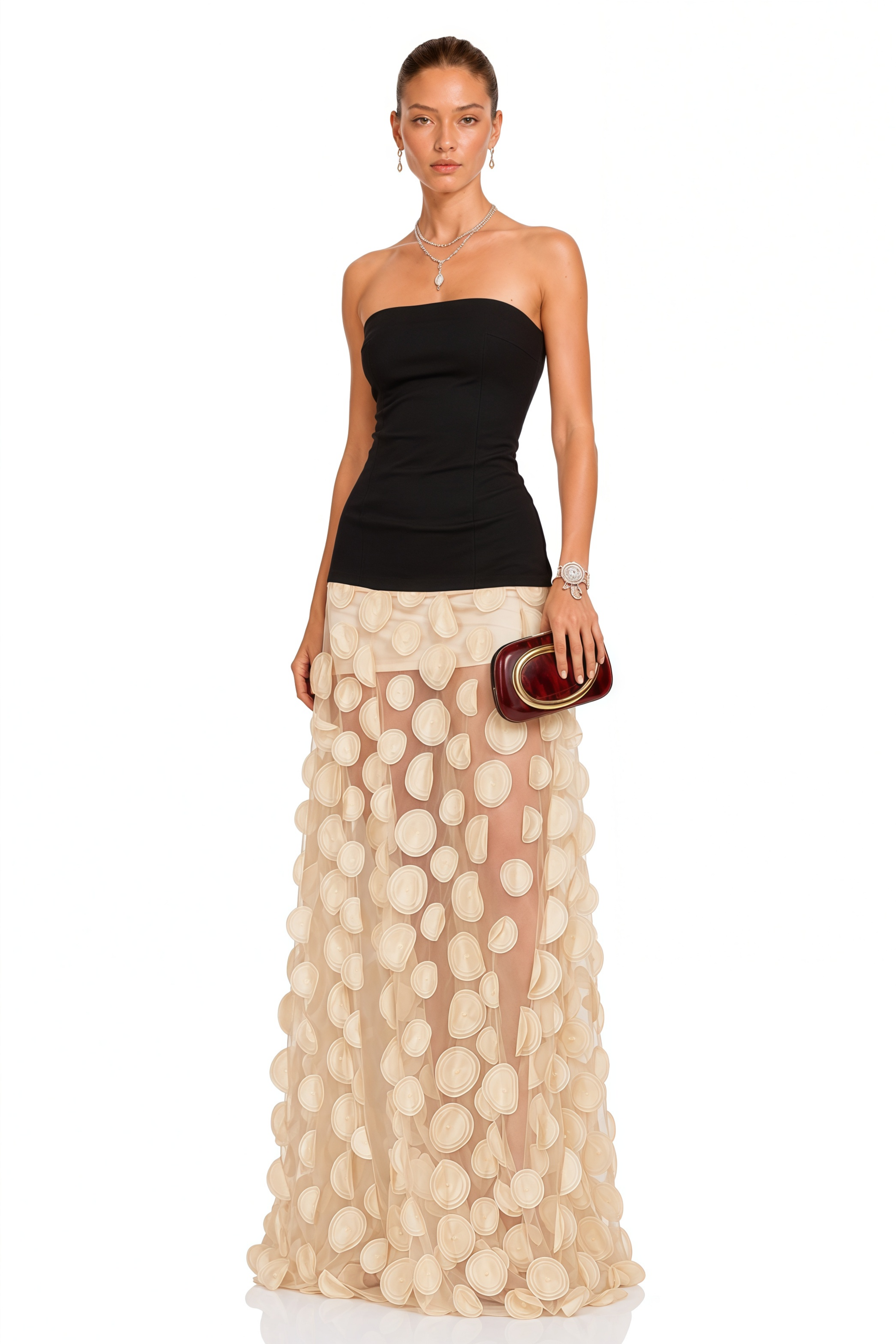 Xénia Contrast-Color 3D-Polka-Dot Maxi Dress