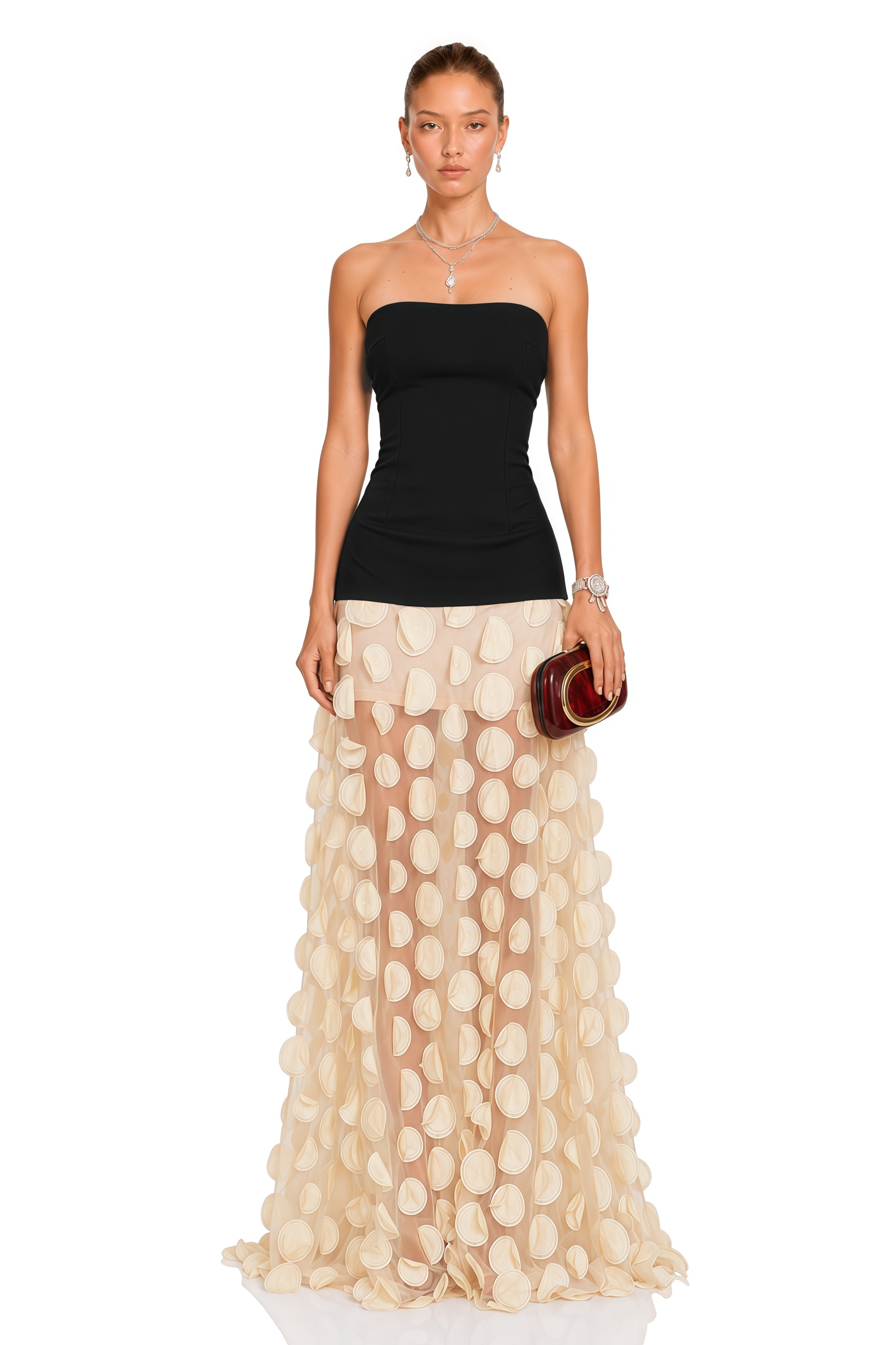 Xénia Contrast-Color 3D-Polka-Dot Maxi Dress