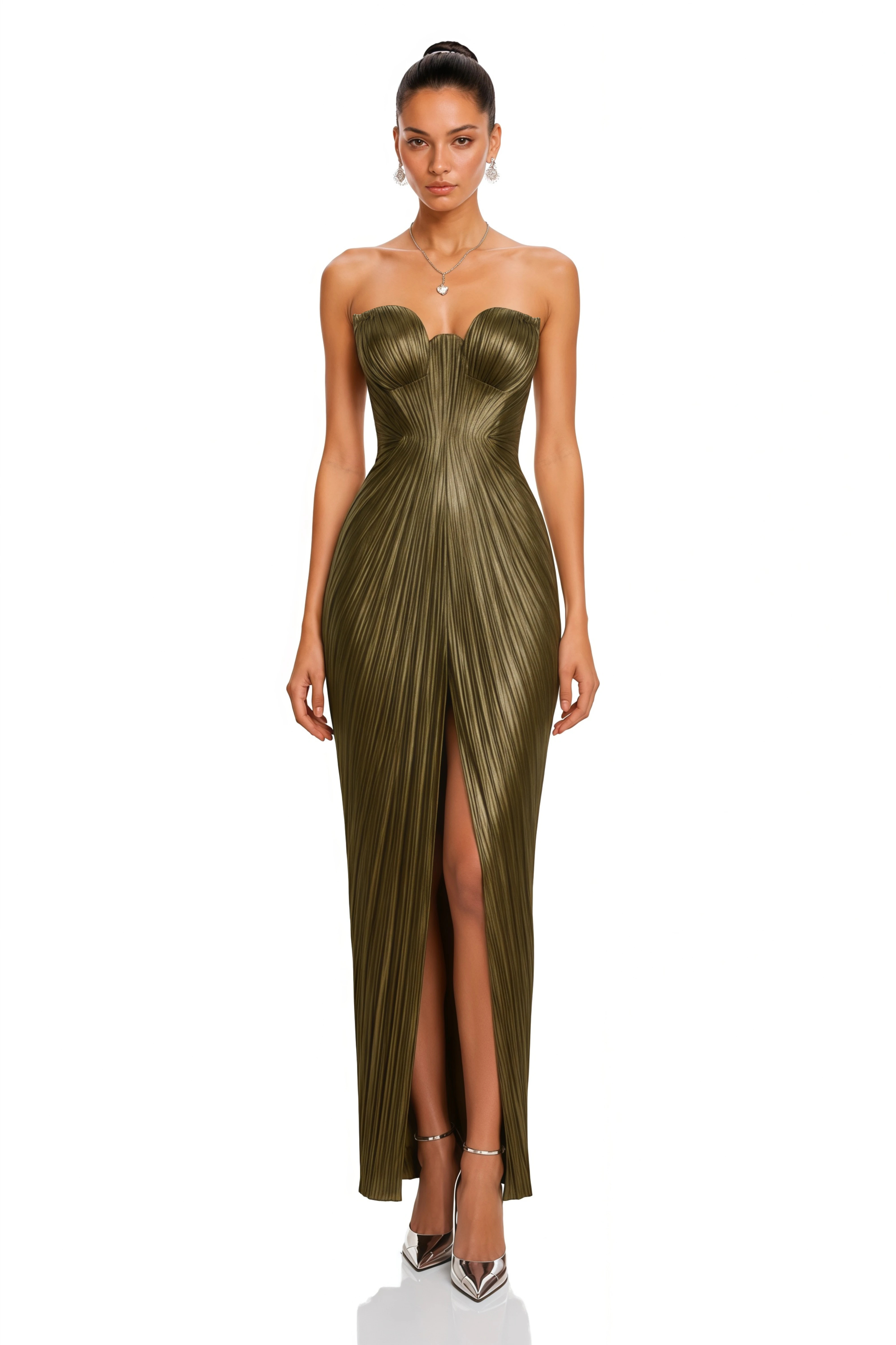 Xrystyna Gold Metallic Ruched Maxi Dress