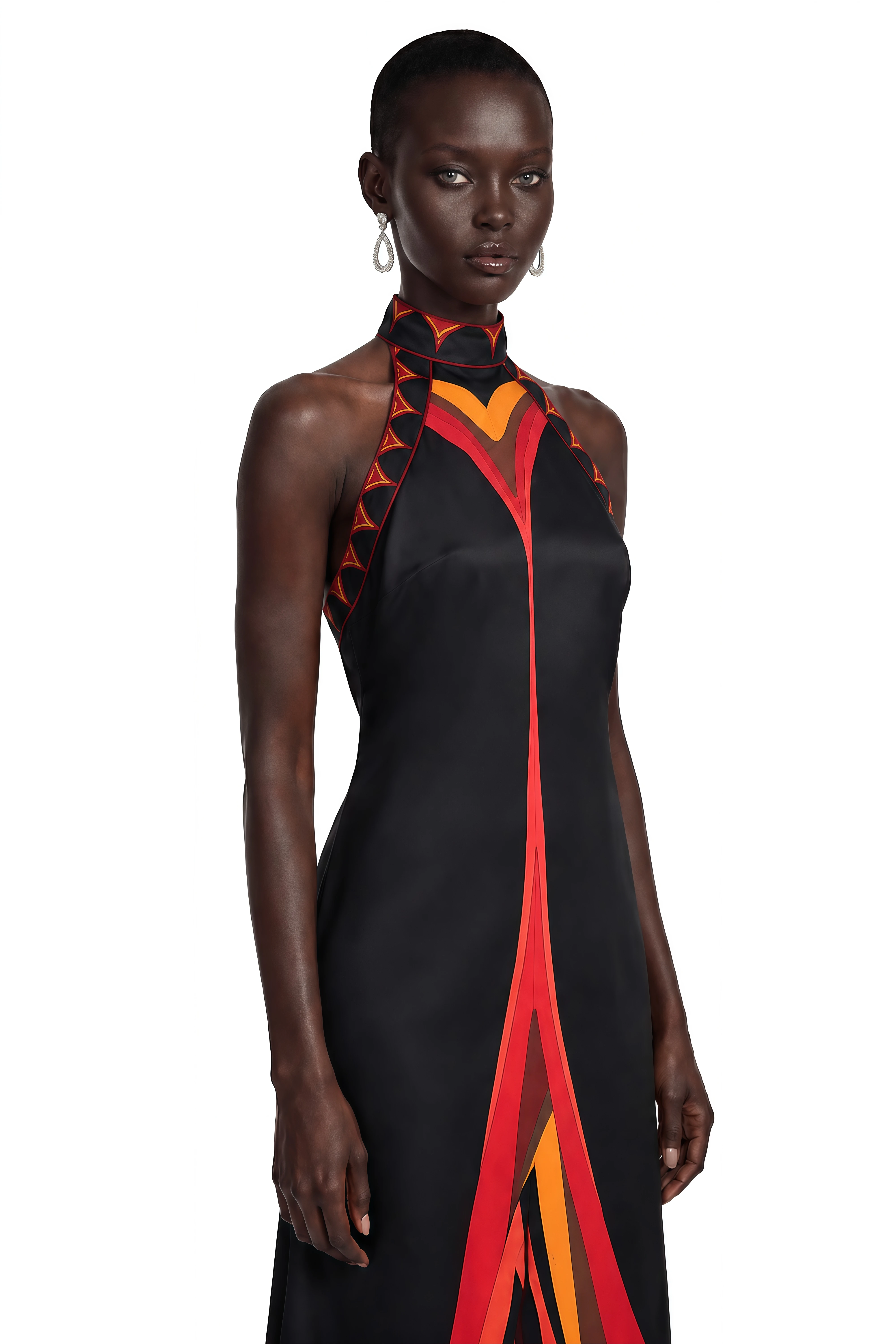 Yasmina Black Abstract Wave Print Halterneck Midi Dress