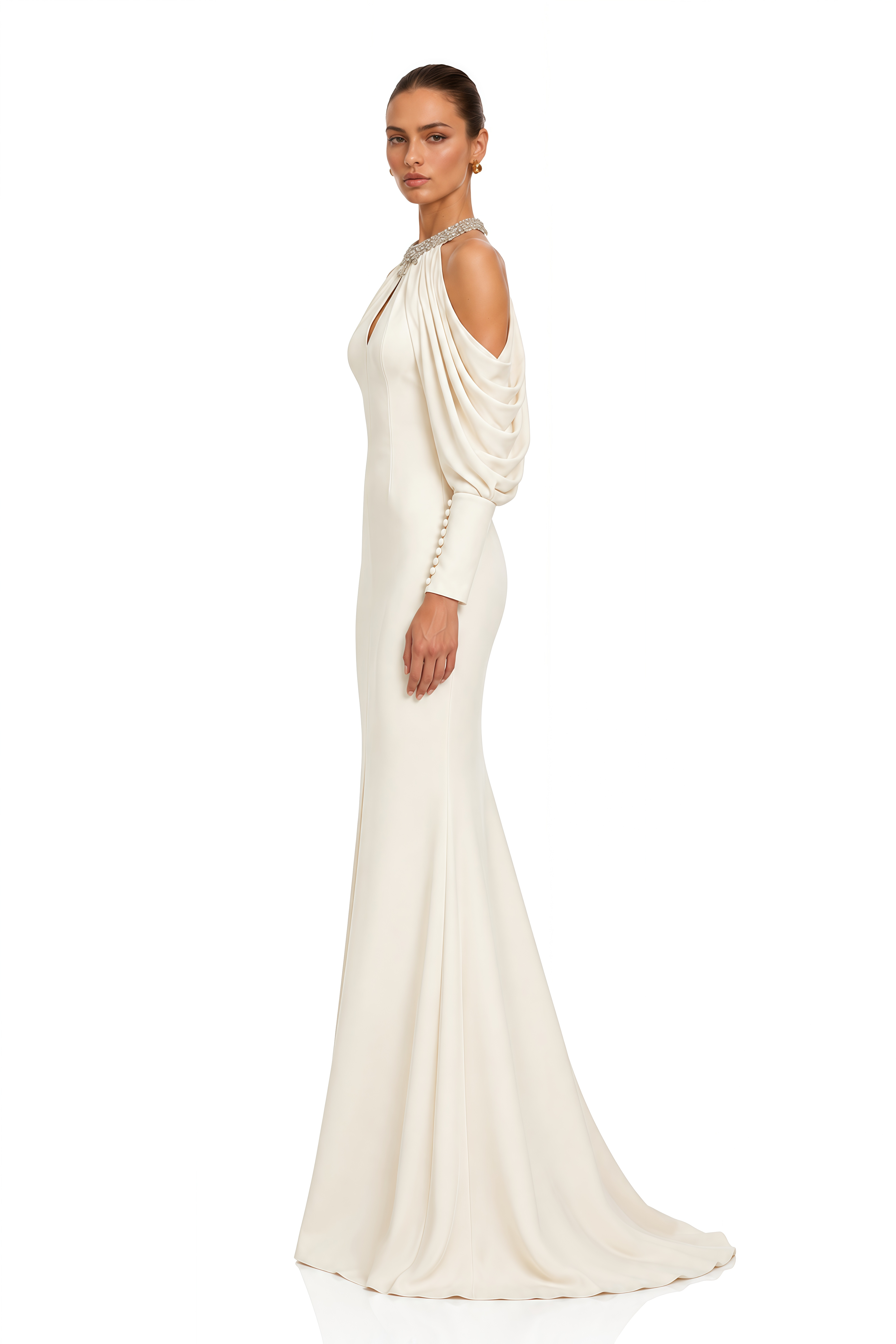 Yovana Neutral Embellished Cold-Shoulder Slit Maxi Dress