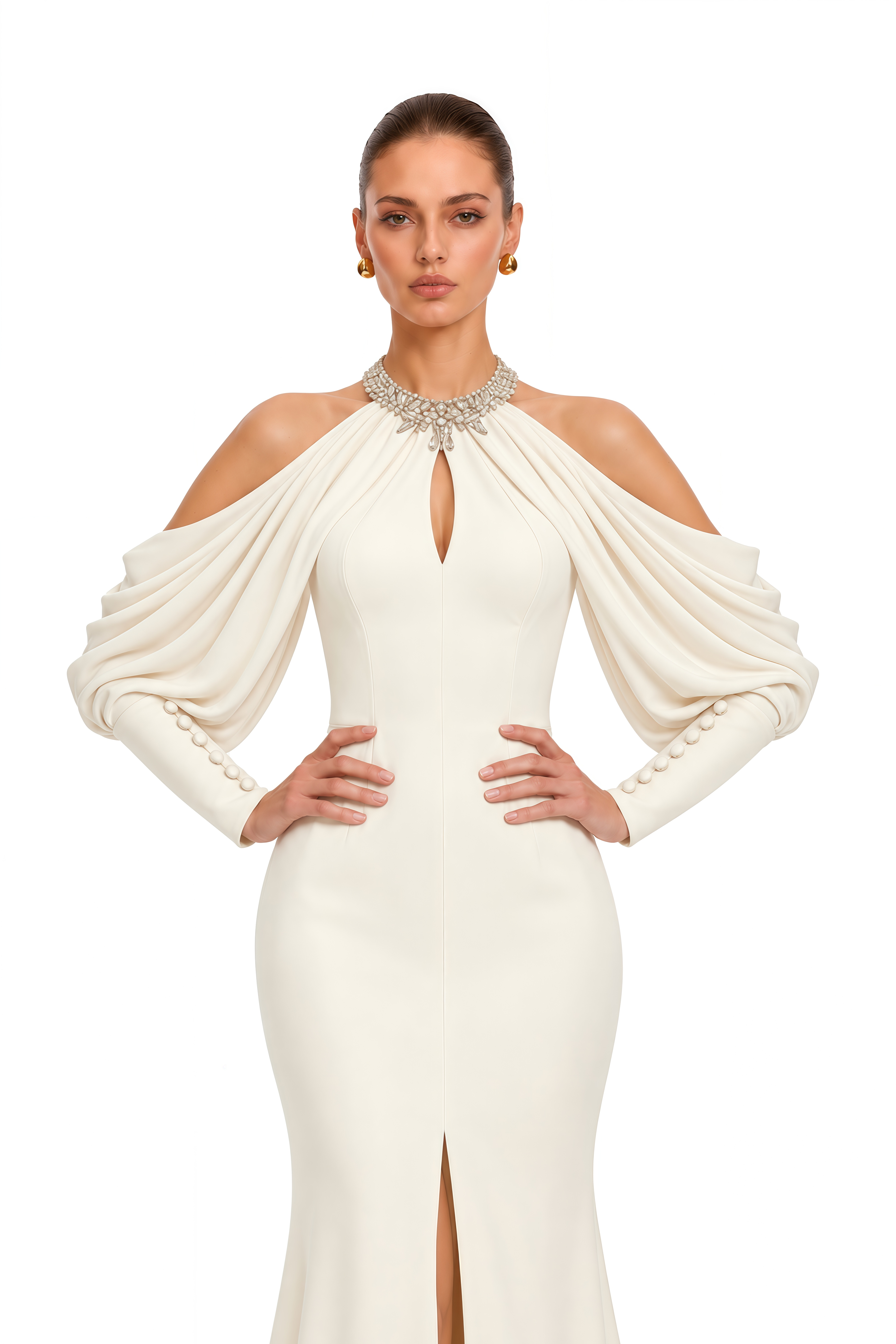 Yovana Neutral Embellished Cold-Shoulder Slit Maxi Dress