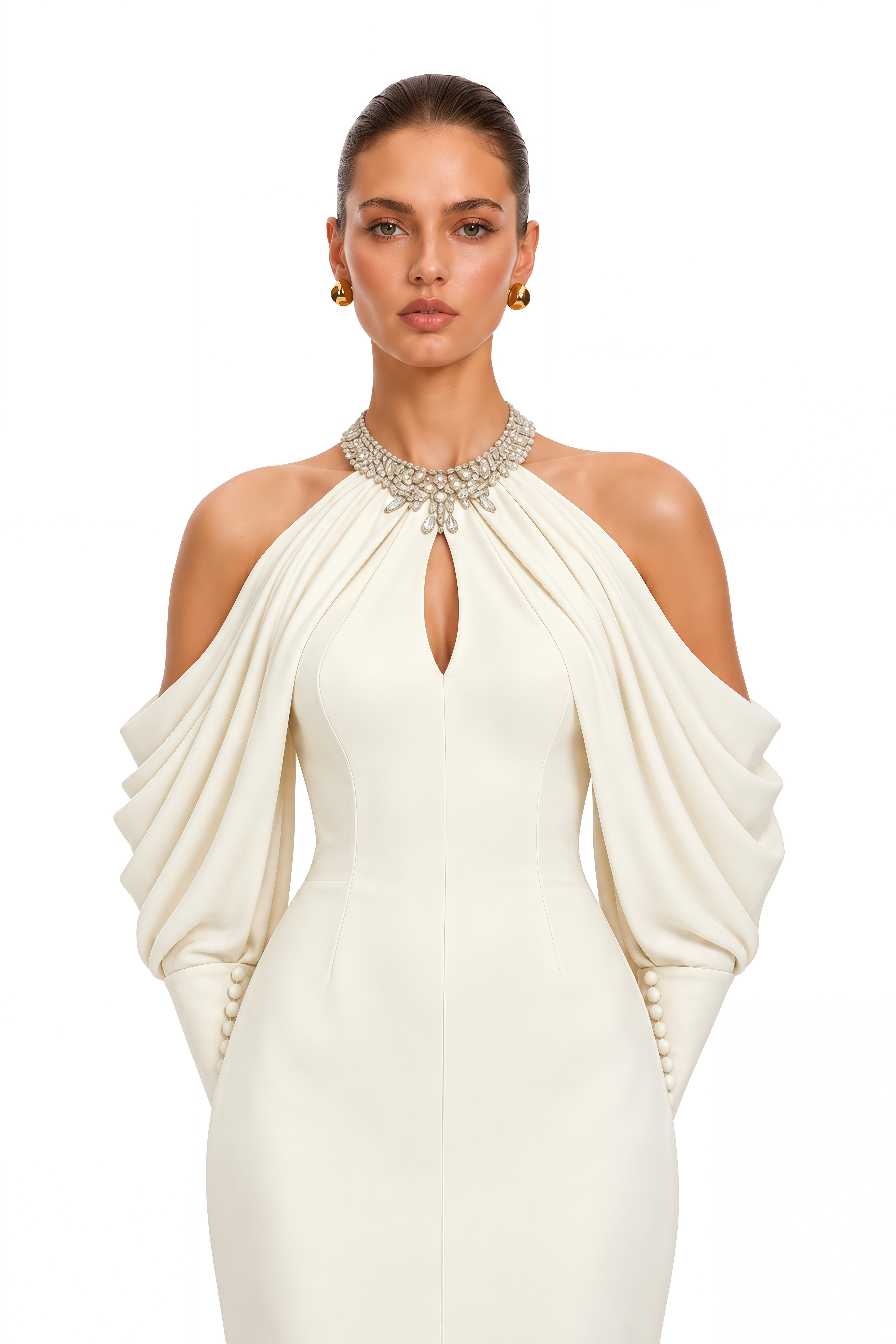 Yovana Neutral Embellished Cold-Shoulder Slit Maxi Dress