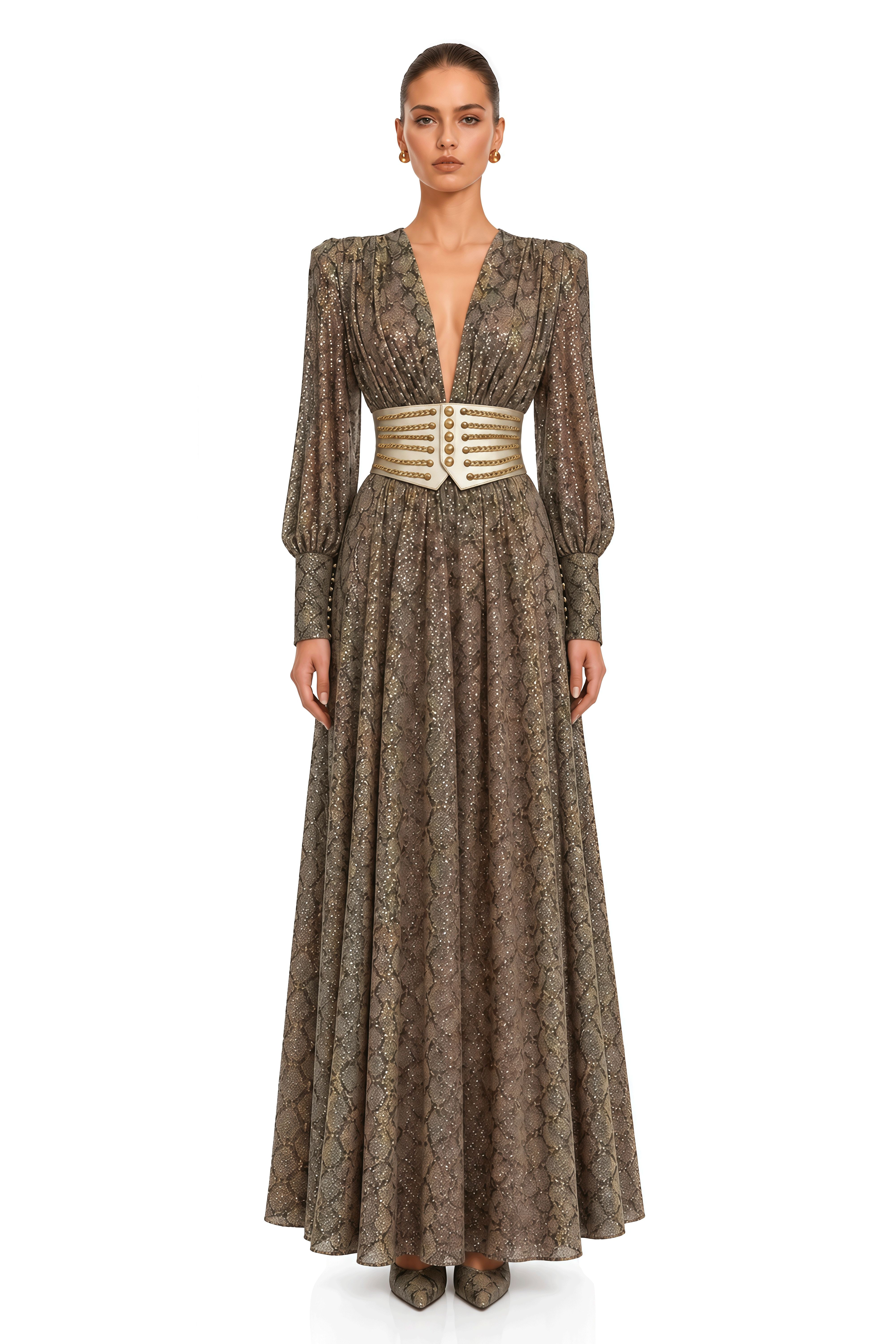 Ysella Brown Embellished Plunge Belted Maxi Dress