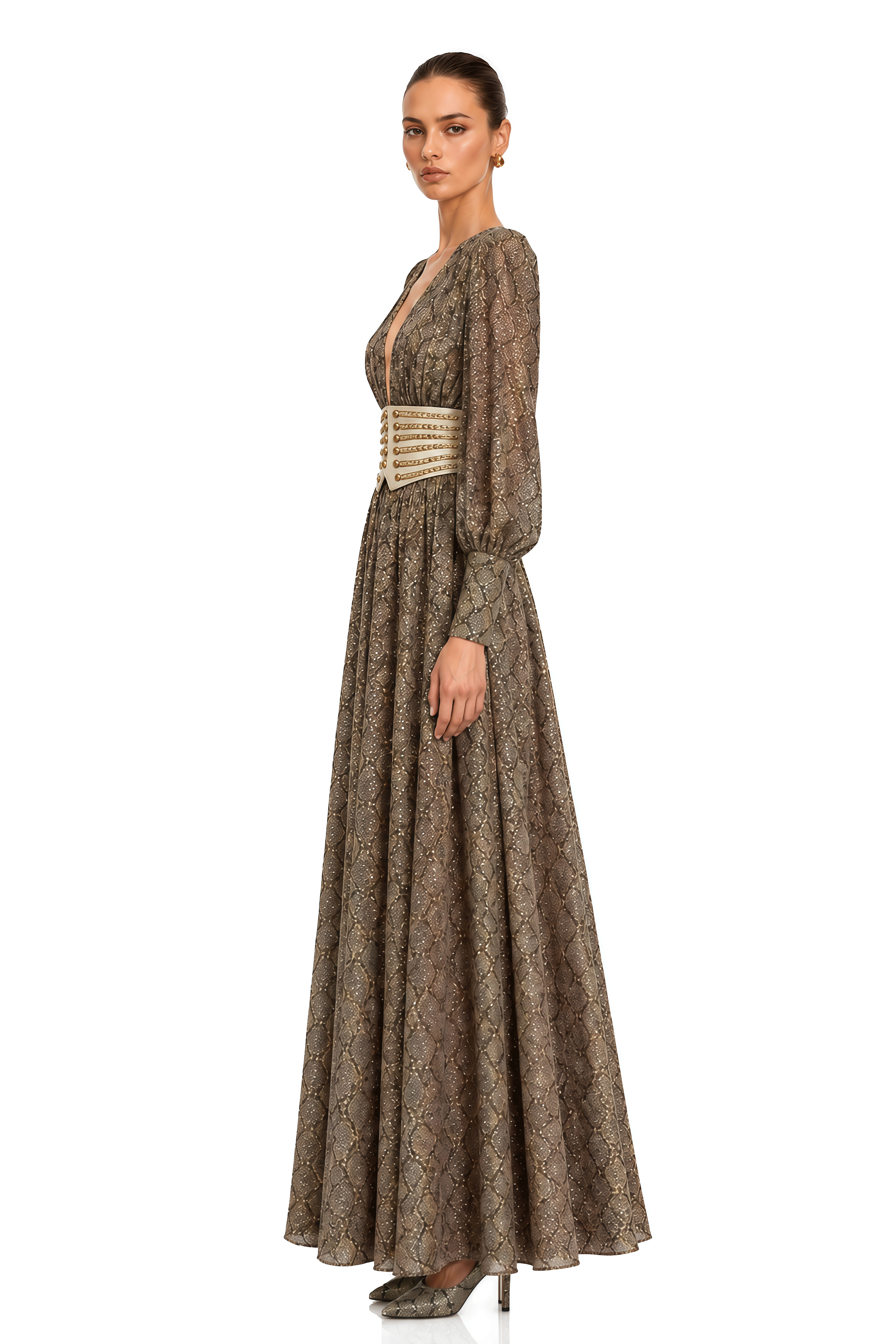 Ysella Brown Embellished Plunge Belted Maxi Dress