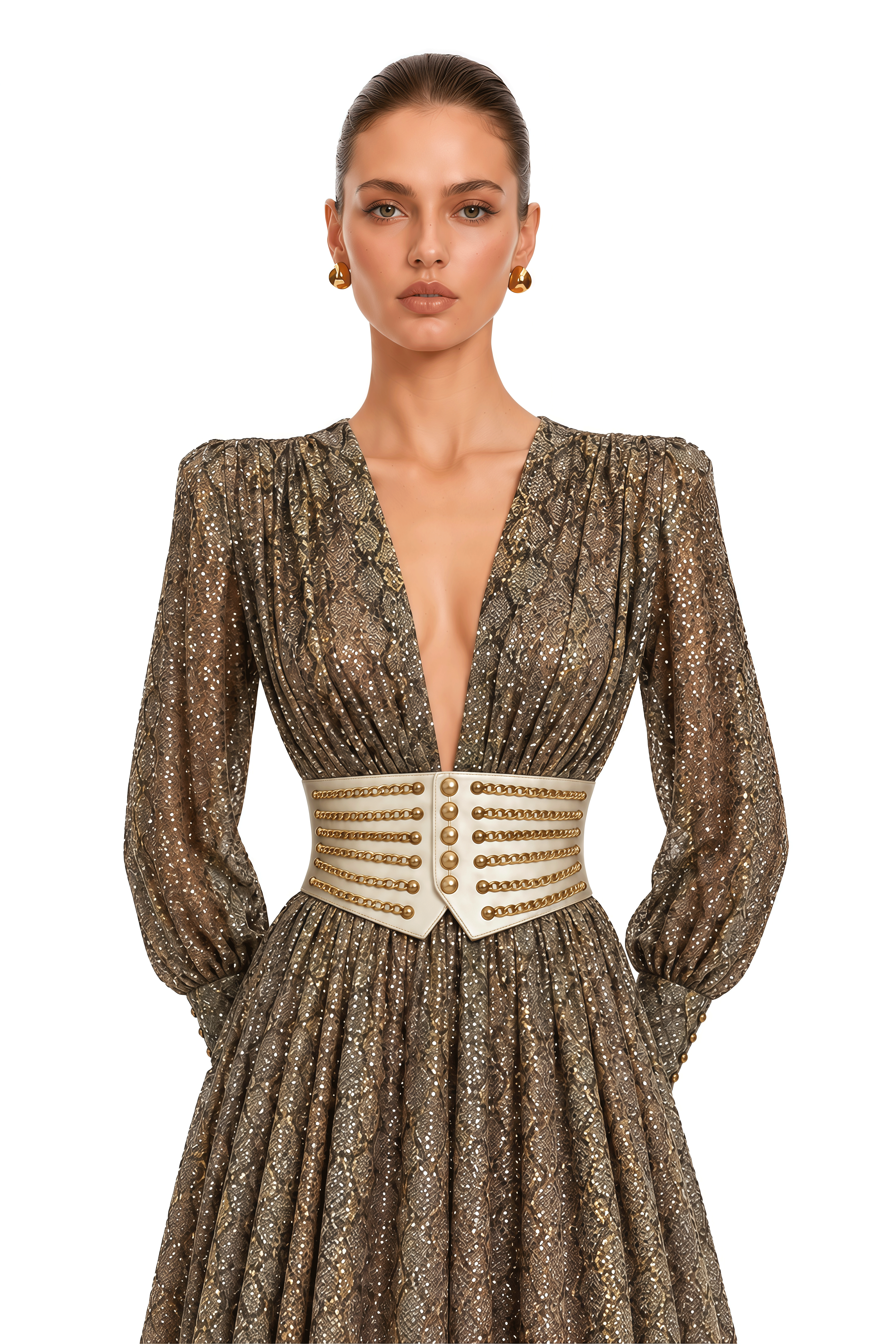 Ysella Brown Embellished Plunge Belted Maxi Dress