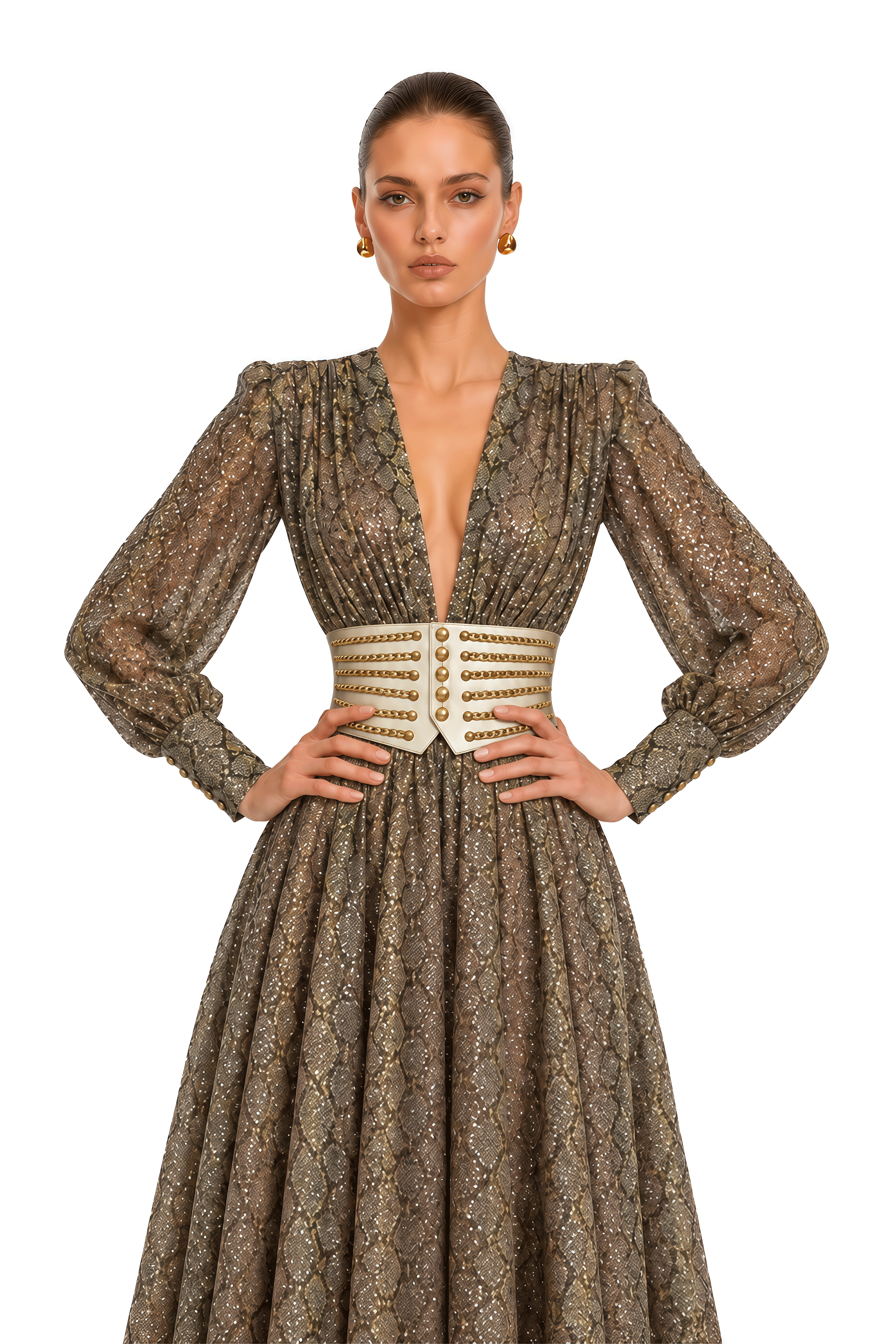 Ysella Brown Embellished Plunge Belted Maxi Dress