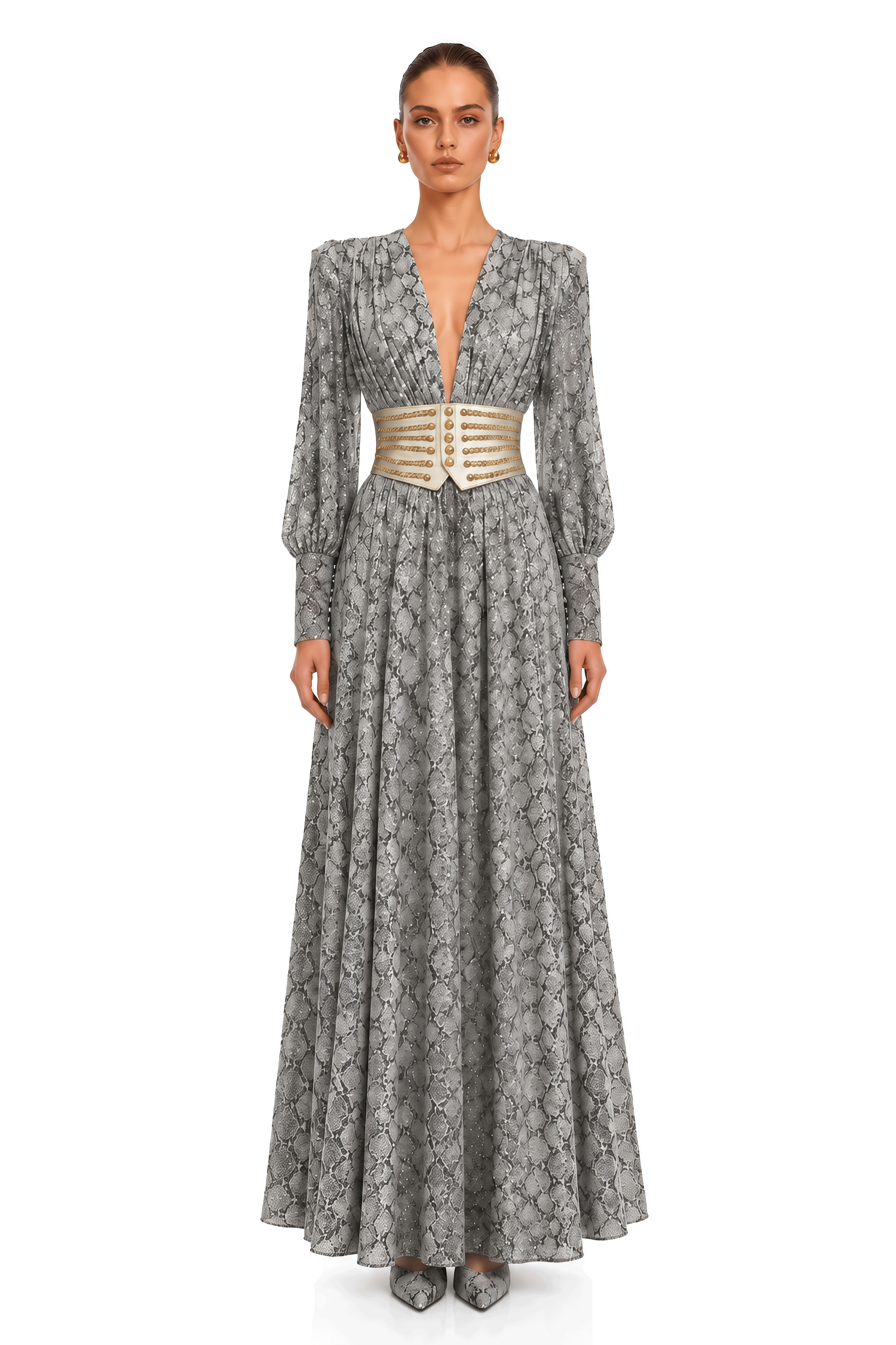 Ysella Grey Embellished Plunge Belted Maxi Dress