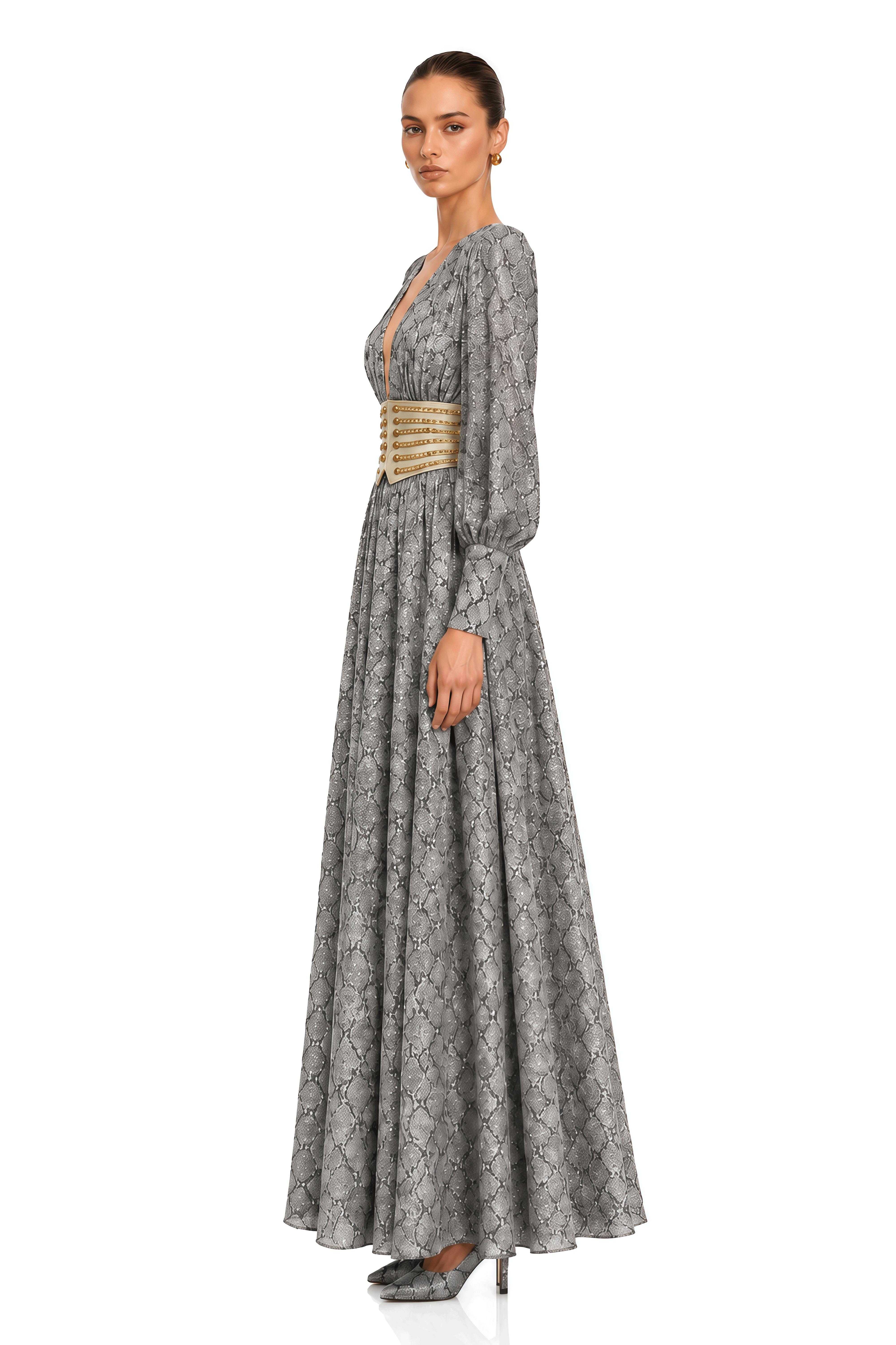 Ysella Grey Embellished Plunge Belted Maxi Dress