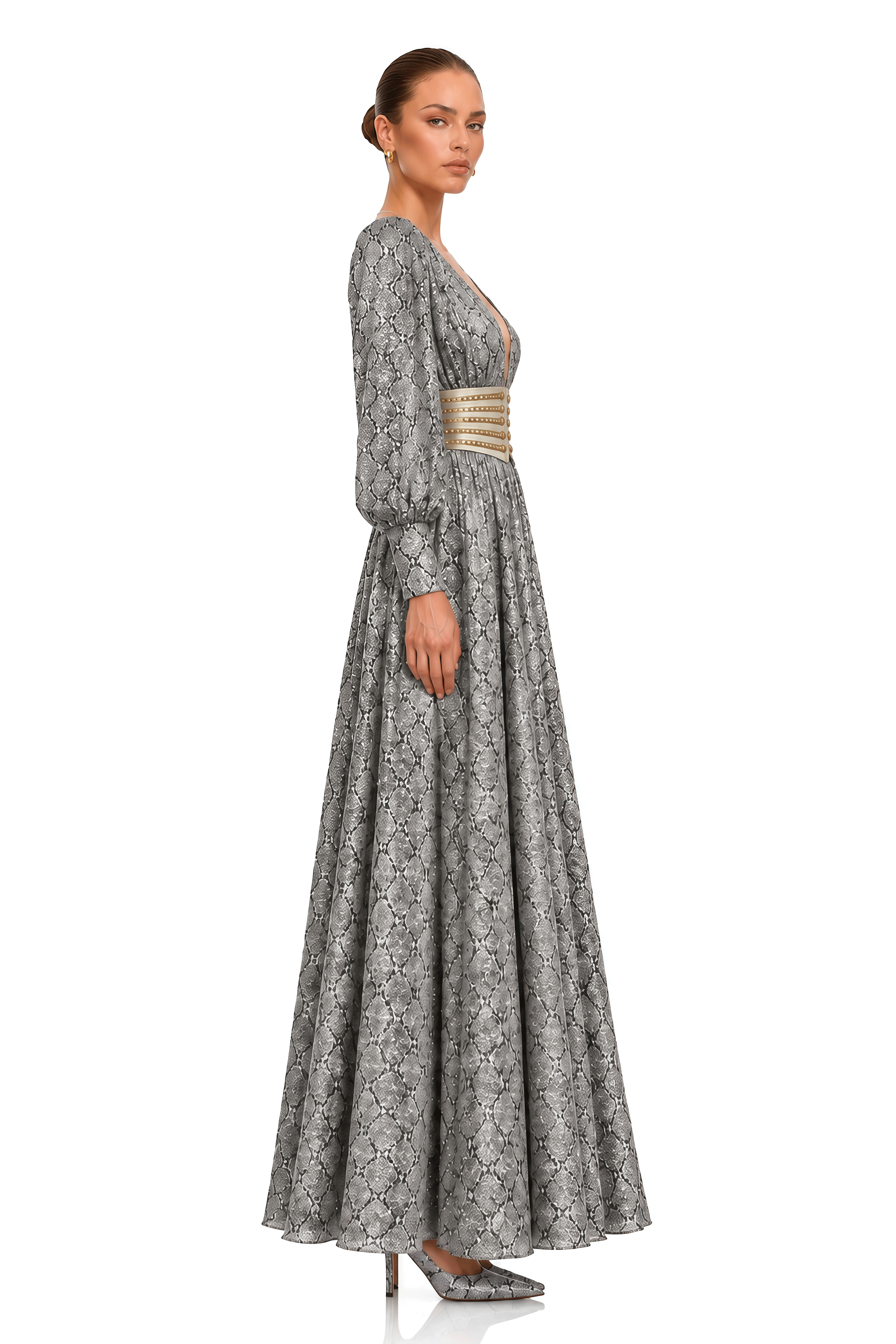 Ysella Grey Embellished Plunge Belted Maxi Dress