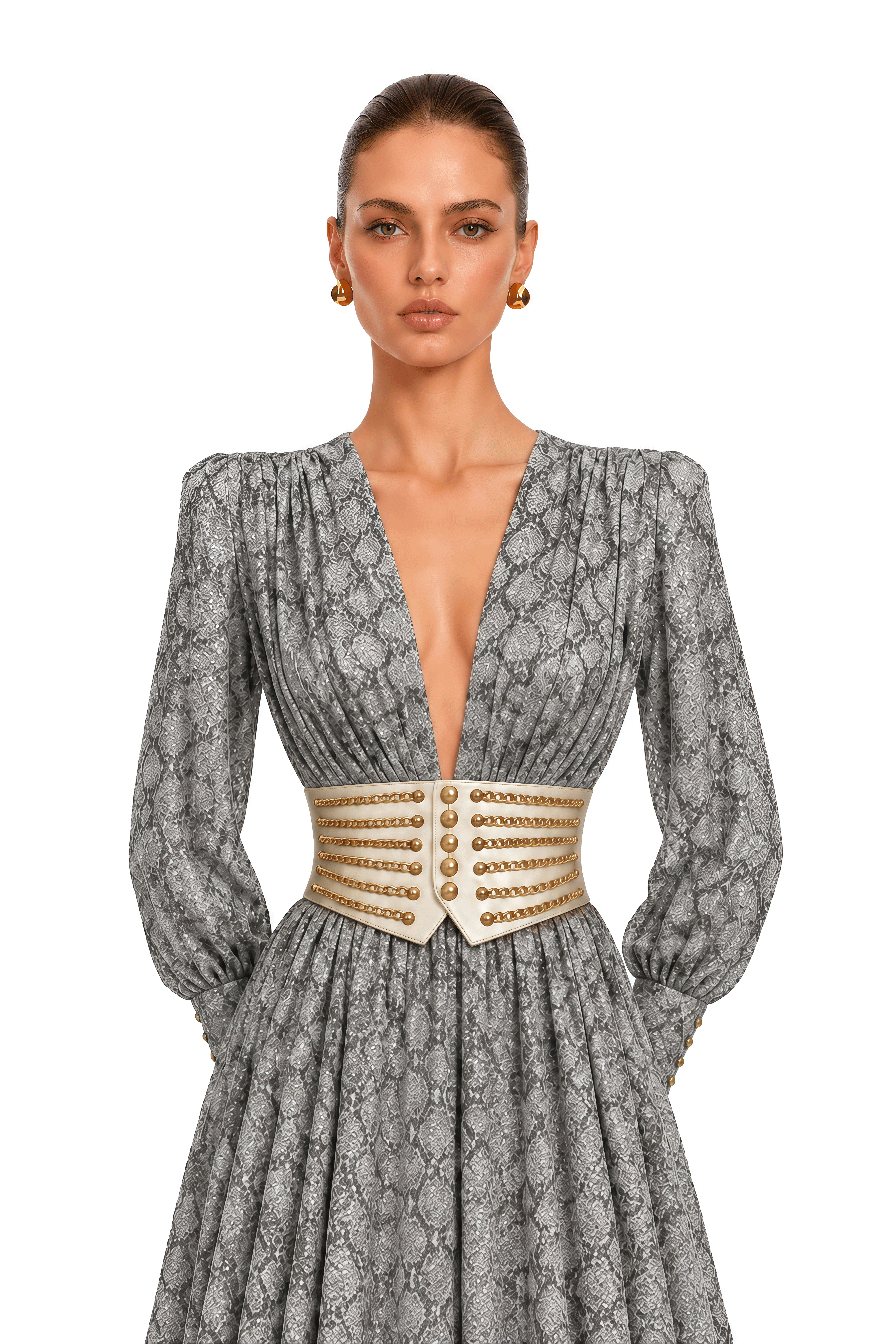 Ysella Grey Embellished Plunge Belted Maxi Dress