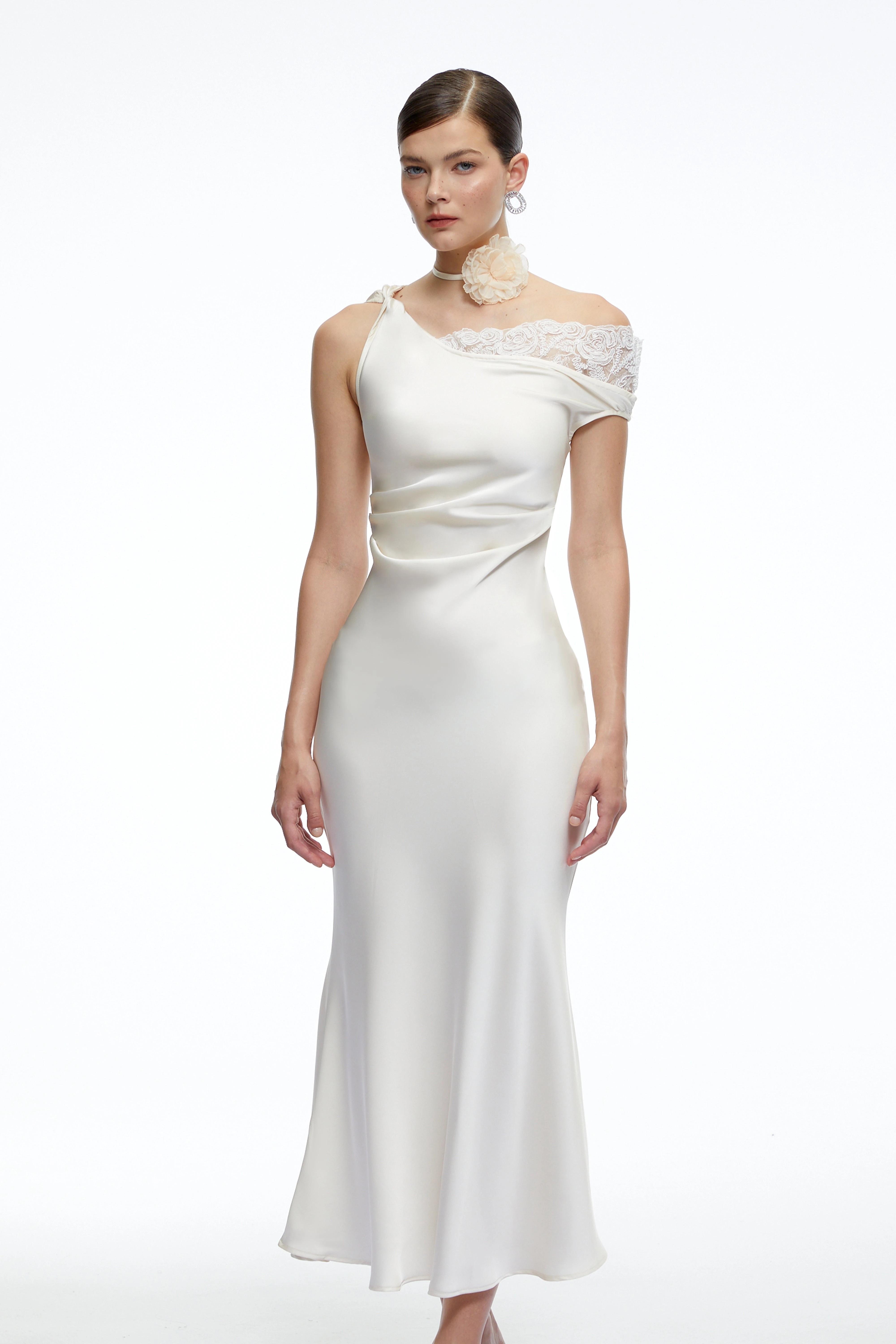Ysilde White Asymmetrical Satin Midi Dress with Lace Trim
